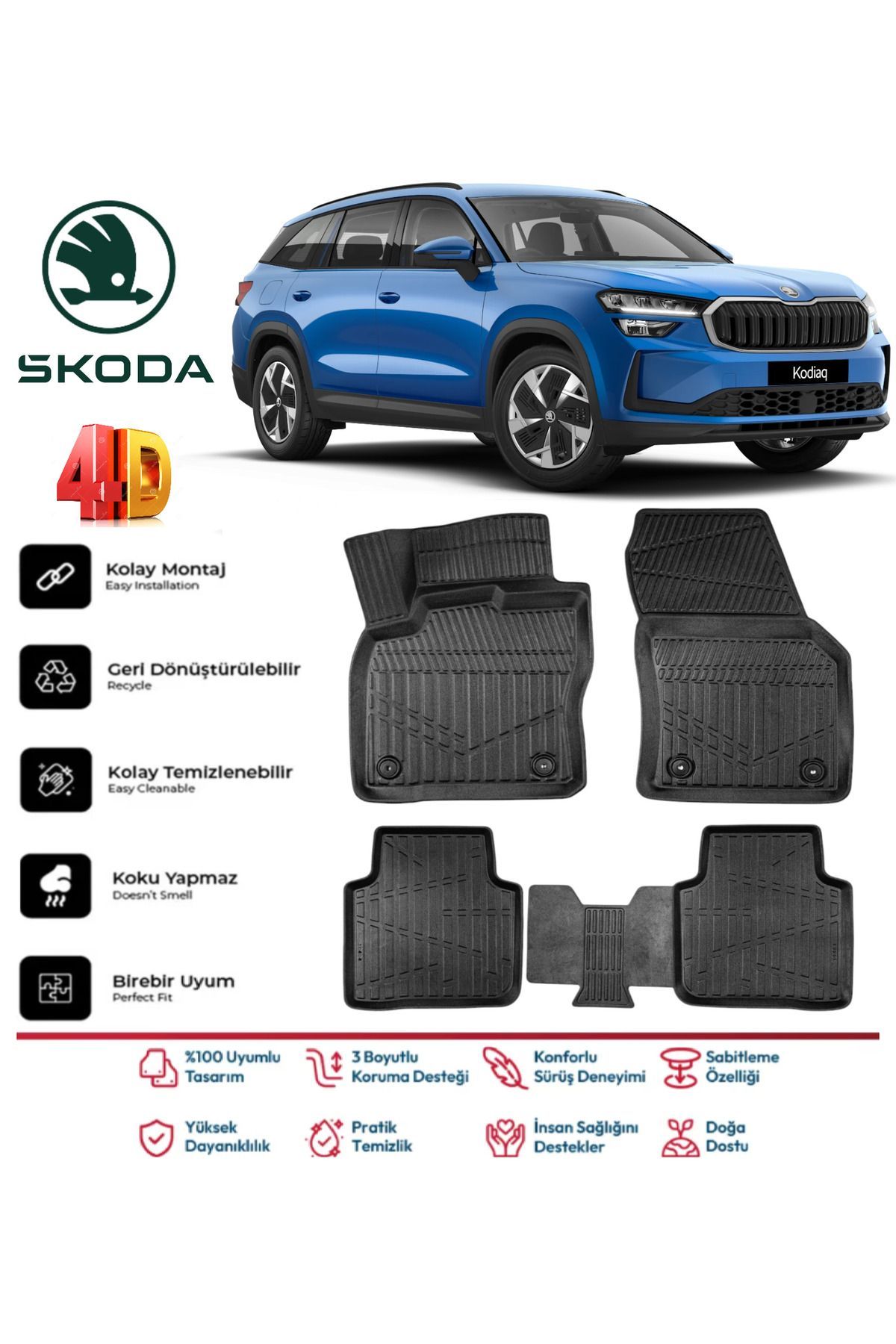 Skoda Kodiaq 2024 Ve Sonrası 4.5D Plus Havuzlu Siyah Paspas Takımı Yumuşak
