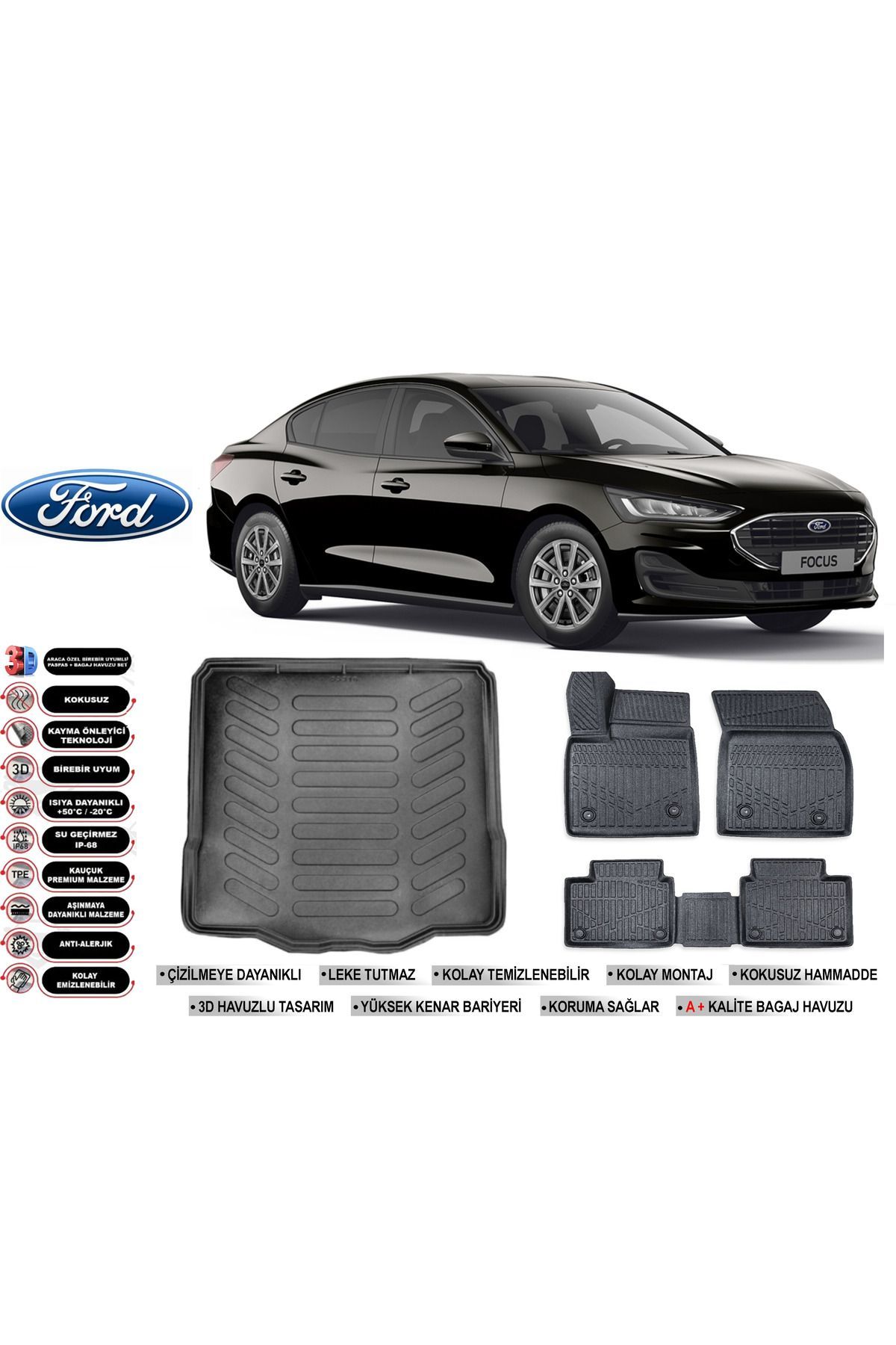 Ford Focus 5 Sedan 2025 Model Tamir kitli Bagaj Havuzu Araca Özel Siyah Havuzlu Paspas Takımı Sett