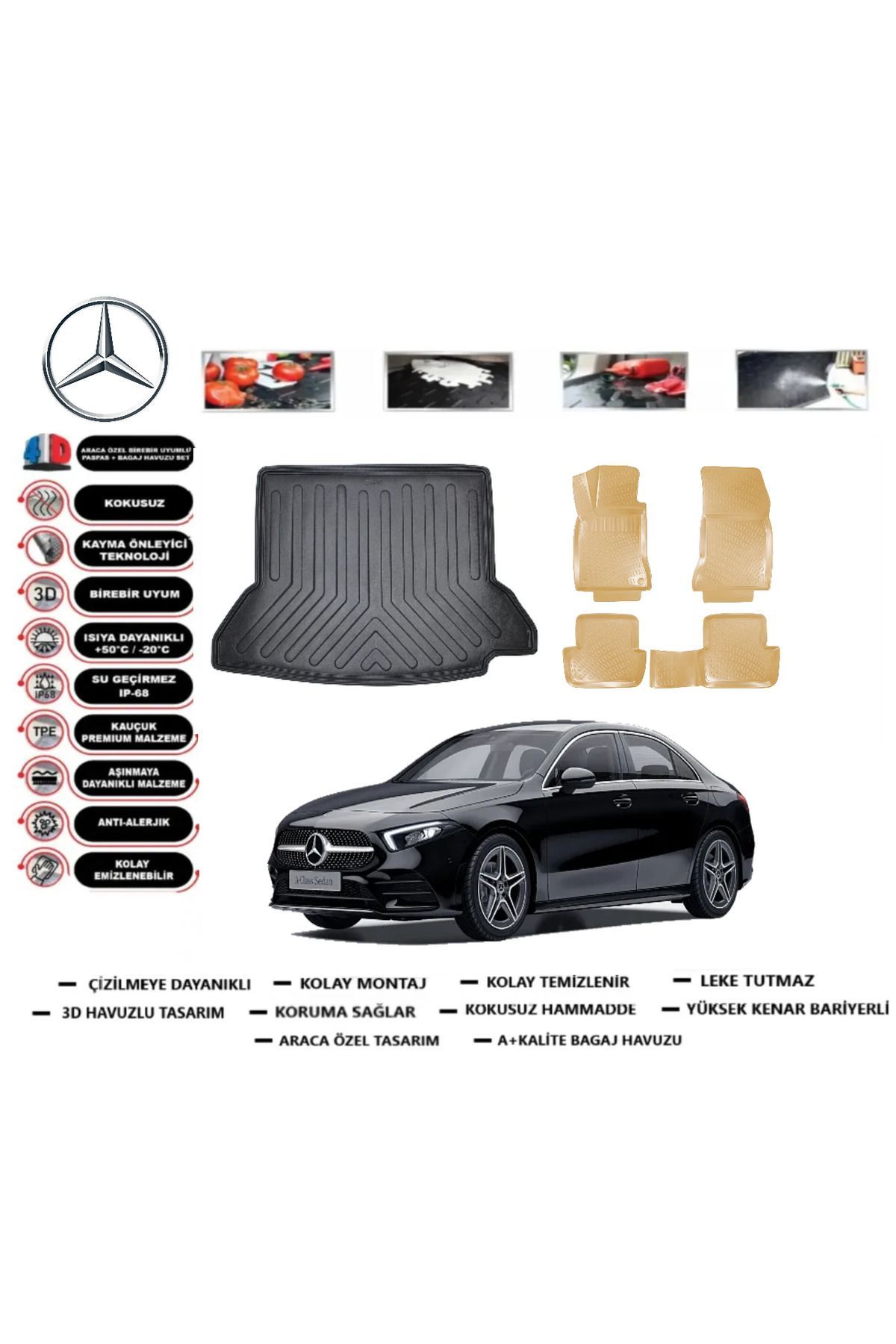 Mercedes A Serisi W177 HB Kulaklı 2023 Model Bagaj Havuz Paspası+Araca Özel Bej Paspas Takımı PRO