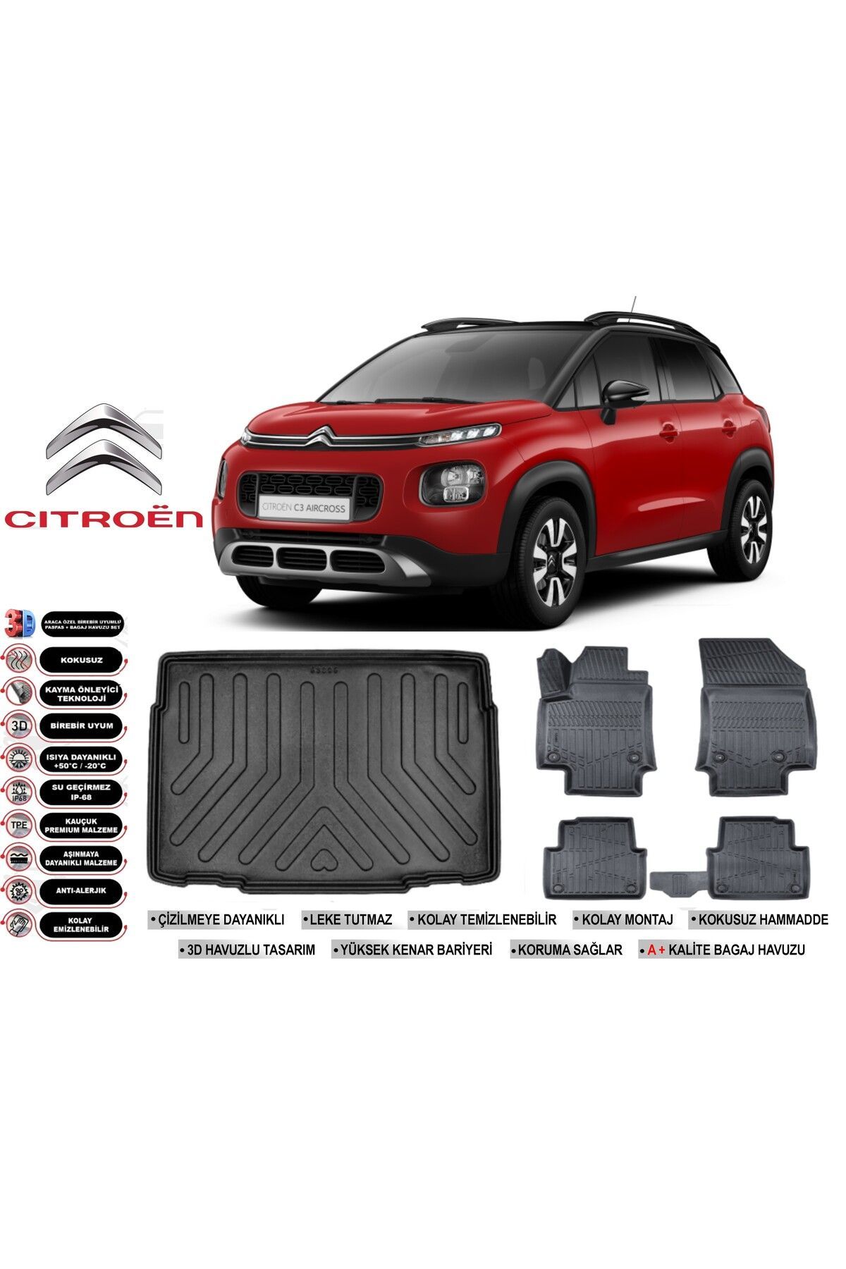 Citroen C3 Aircross 2020 Model Alt Kademe Bagaj Havuzu Araca Özel Siyah Havuzlu Paspas Takımı Sett