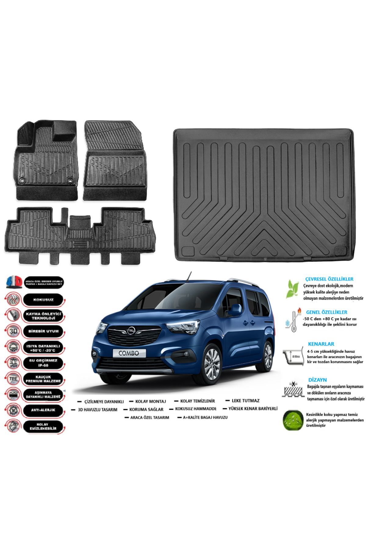 Opel Combo 2020 Model Seperatörlü Esnek Bagaj Havuzu Araca Özel Siyah Paspas Takımı