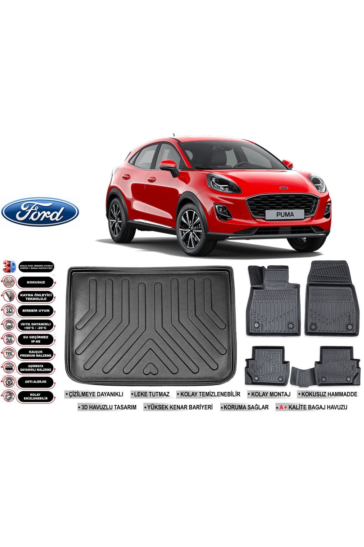 Ford Puma 2023 Model Üst Bagaj Havuzu Araca Özel Siyah Havuzlu Paspas Takımı Sett