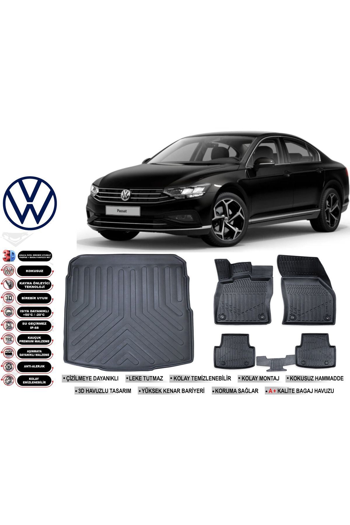 Volkswagen Passat B8 2016 Model Bagaj Havuzu Araca Özel Siyah Havuzlu Paspas Takımı Sett