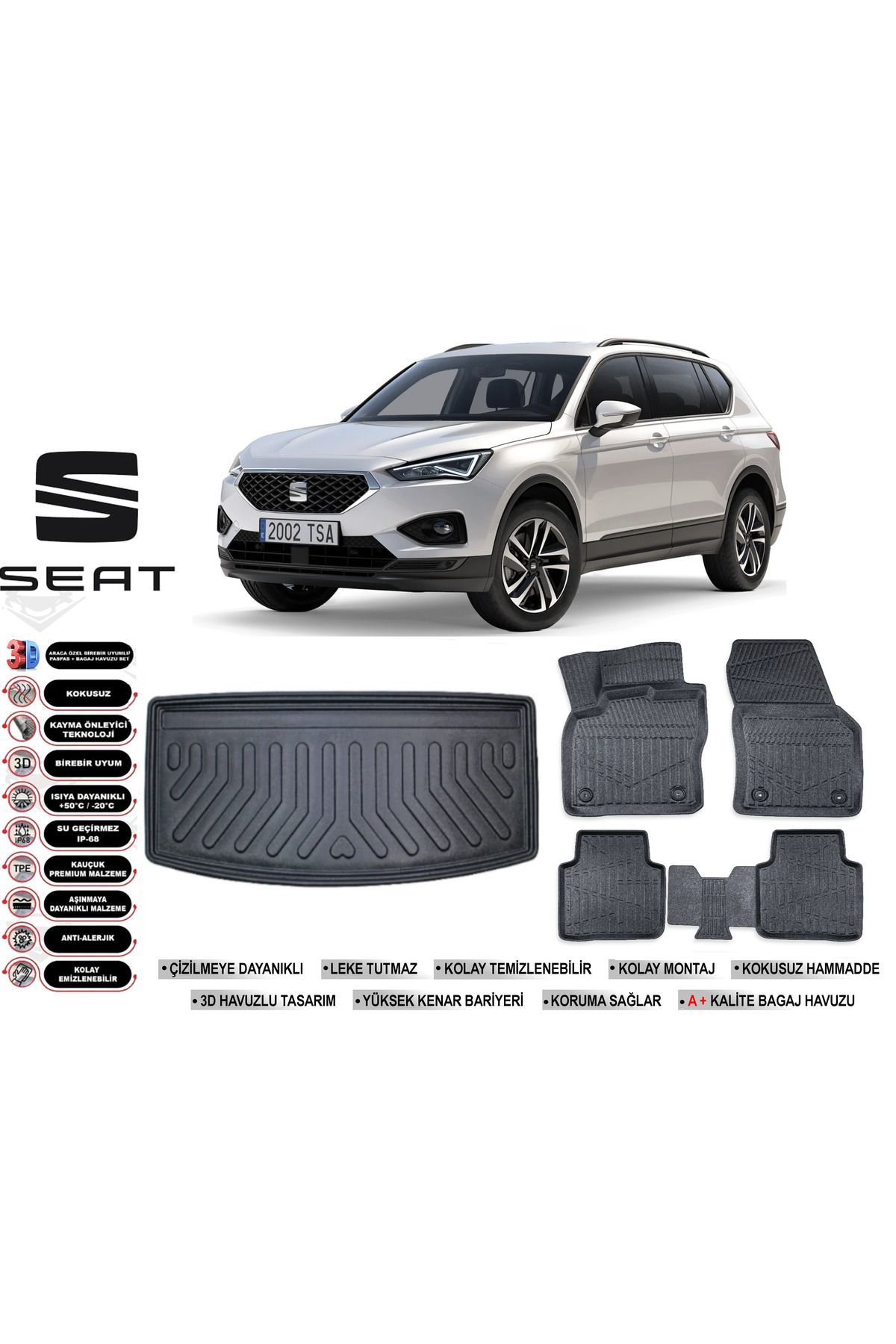 Seat Taracco 2024 Model 7 Koltuk Bagaj Havuzu Araca Özel Siyah Havuzlu Paspas Takımı Sett