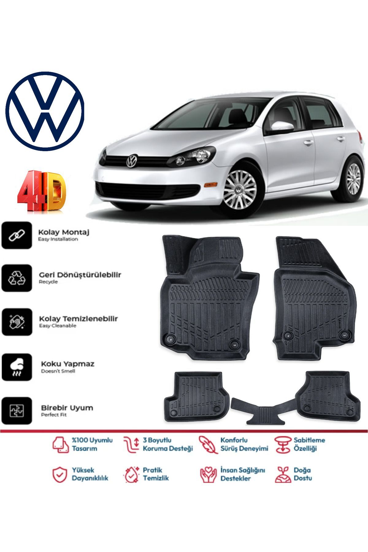 Volkswagen Golf 6 2008-2012 4.5D Plus Havuzlu Siyah Paspas Takımı Yumuşak