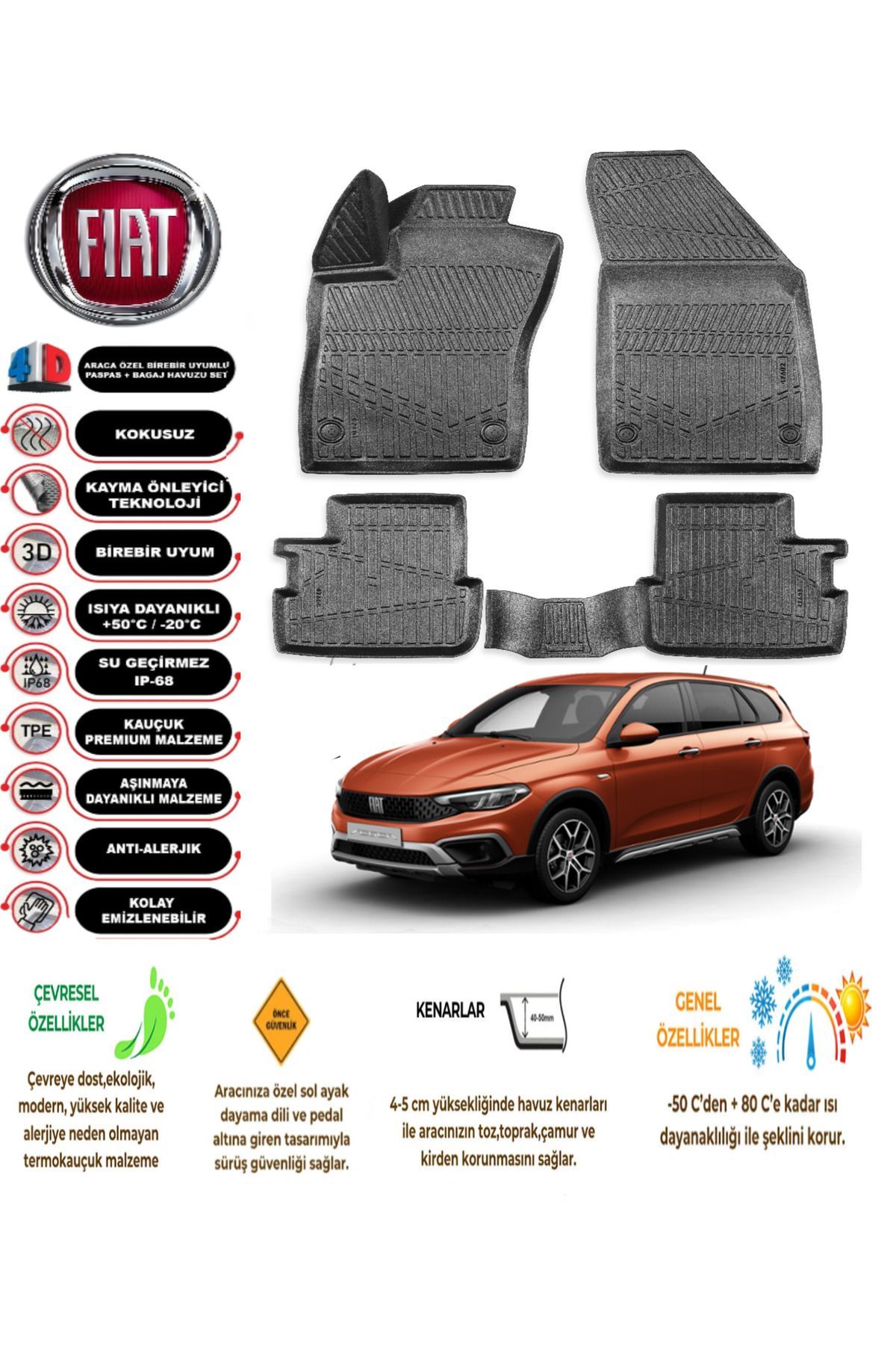 Fiat Egea Station Vagon 2019 Model 4D Araca Özel Havuzlu Kokusuz Paspas Takımı
