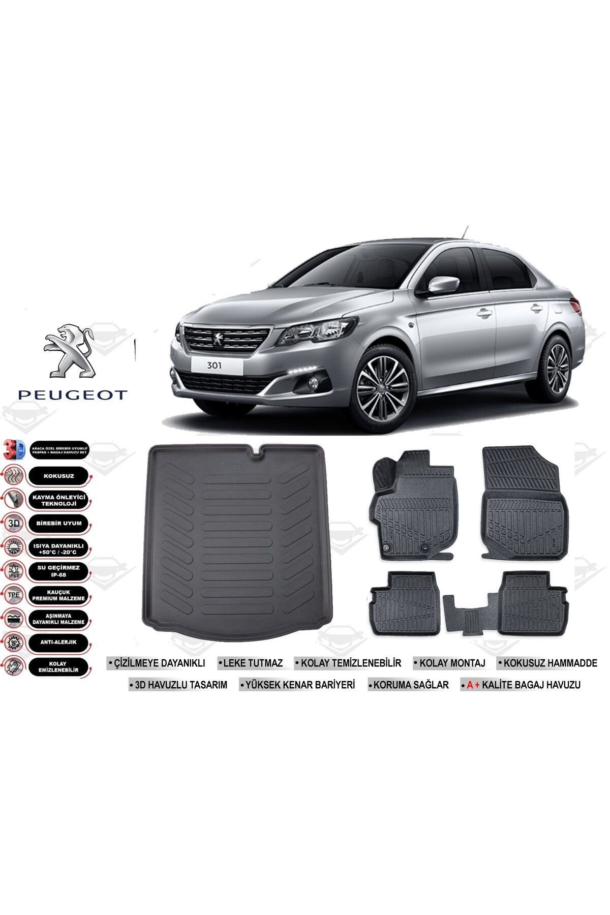 Peugeot 301 2018 Model Bagaj Havuzu Araca Özel Siyah Havuzlu Paspas Takımı Sett