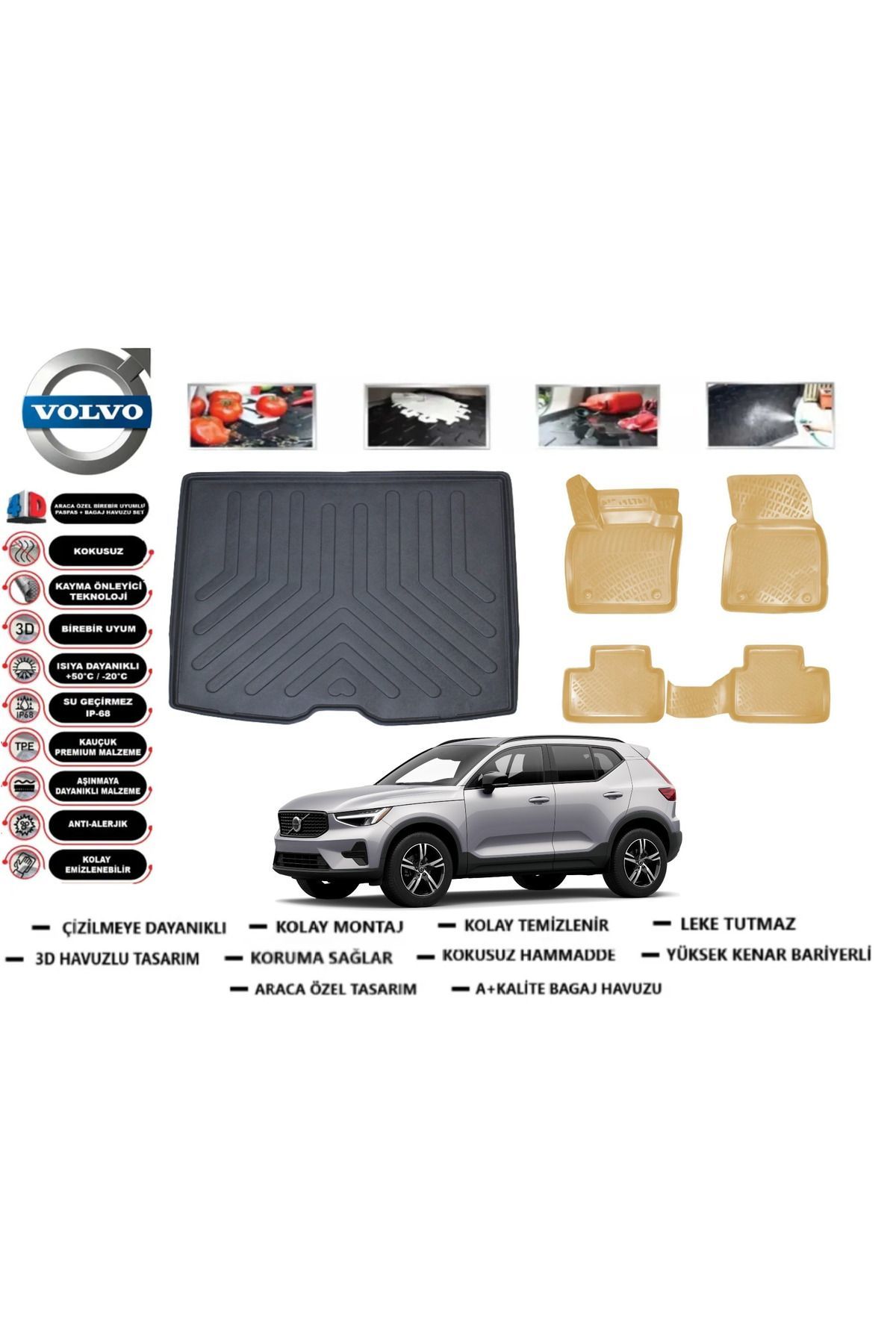 Volvo XC40 2024 Model Bagaj Havuzu+Araca Özel Bej Paspas Takımı Flex