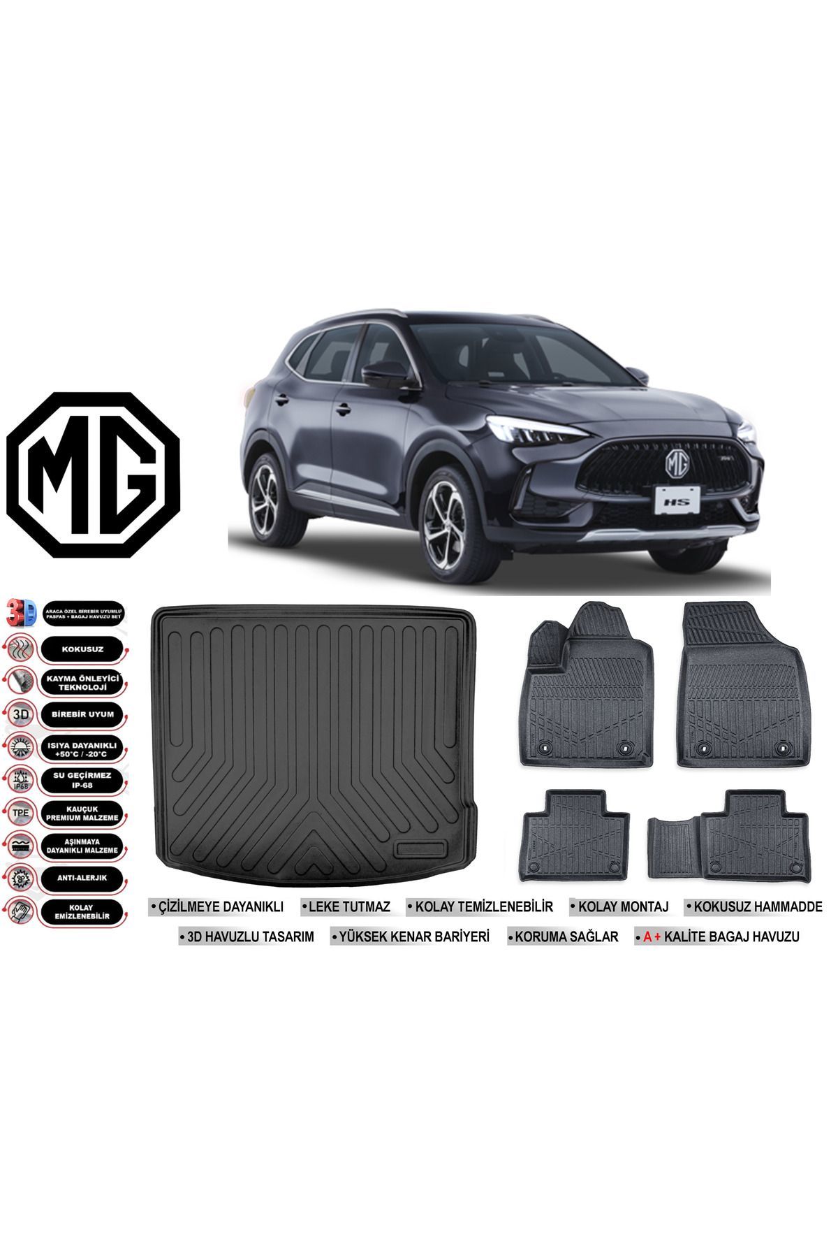 MG EHS Elektrikli 2023 Model Bagaj Havuzu Araca Özel Siyah Havuzlu Paspas Takımı Sett