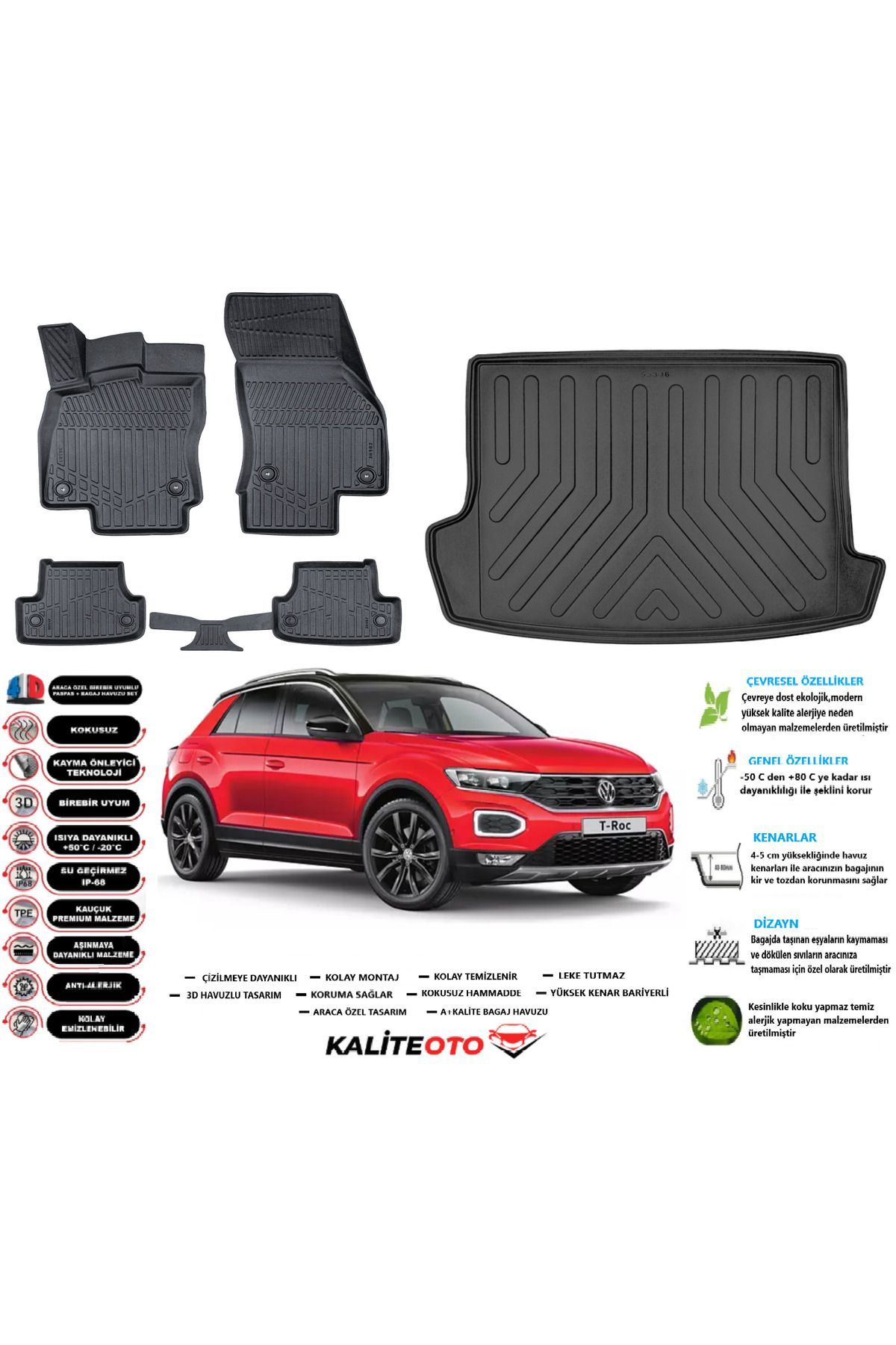 Volkswagen T-Roc 2024 Model Üst Esnek Bagaj Havuzu Araca Özel Siyah Paspas Takımı