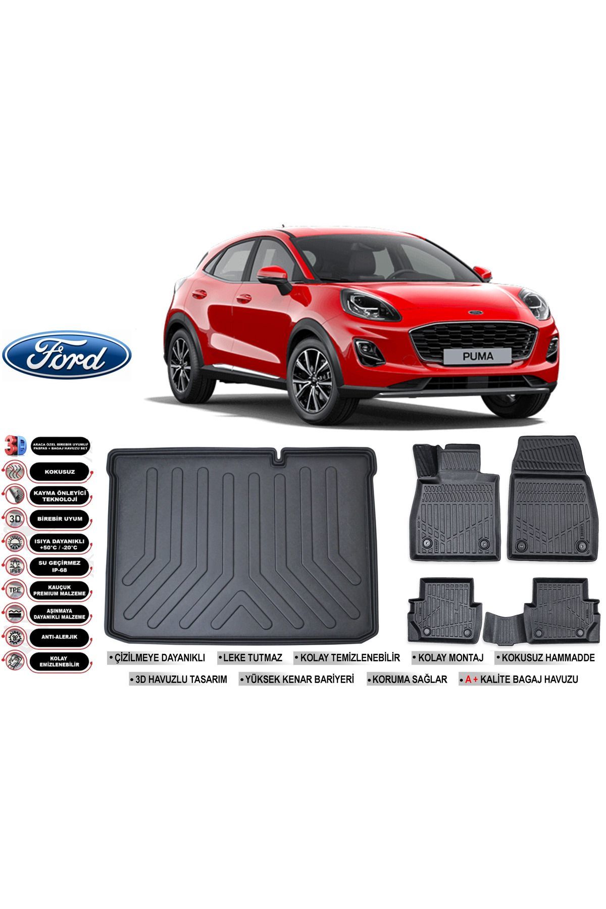 Ford Puma 2022 Model Alt Bagaj Havuzu Araca Özel Siyah Havuzlu Paspas Takımı Sett