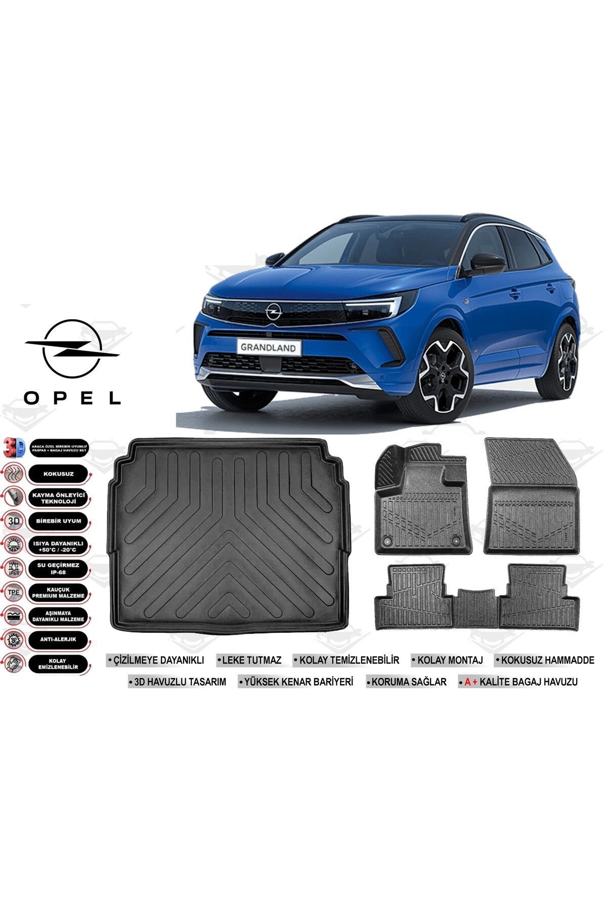 Opel Grandland 2022 Model Alt Bagaj Havuzu Araca Özel Siyah Havuzlu Paspas Takımı Sett
