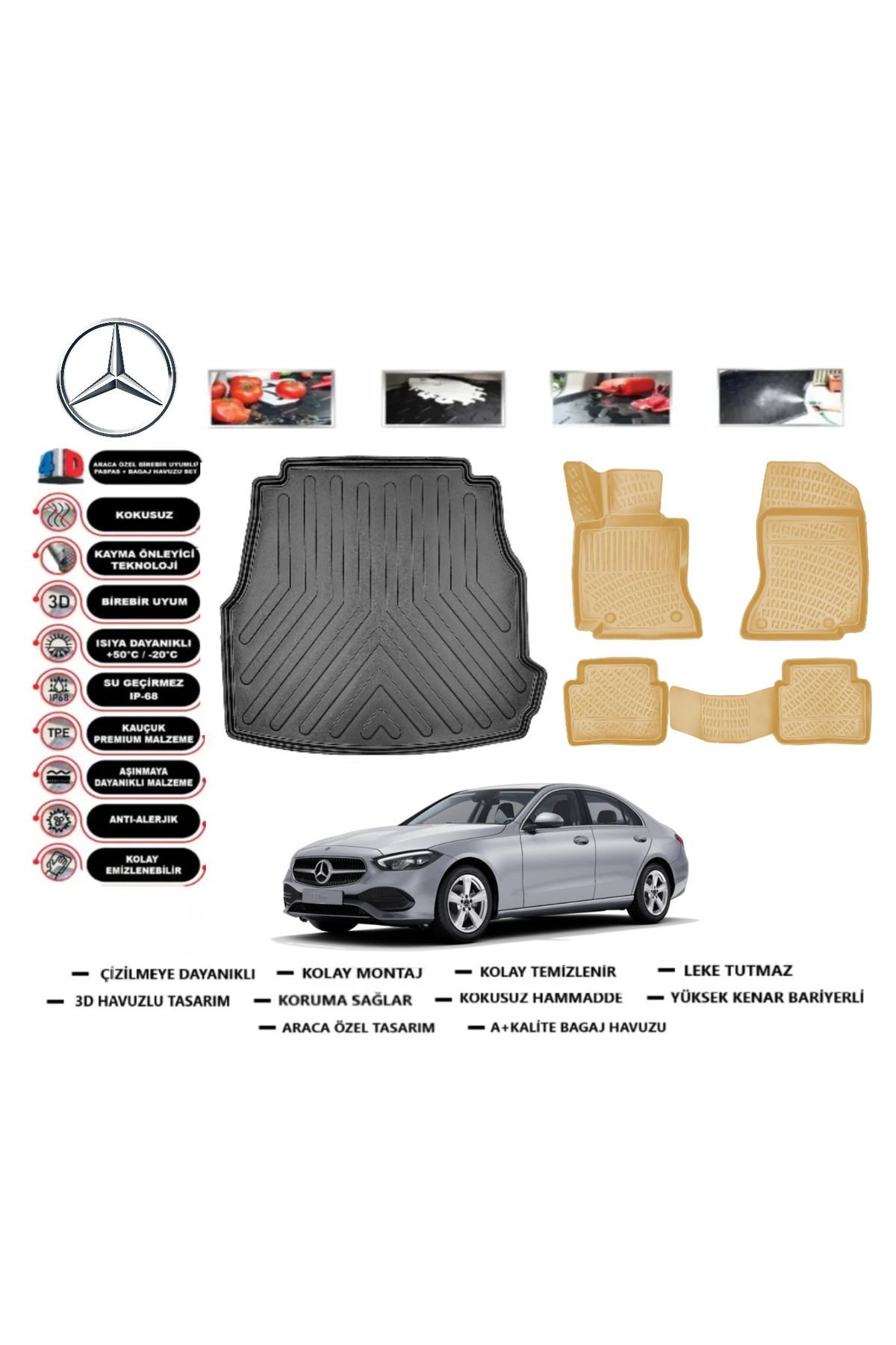 Mercedes C Serisi W206 2024 Model Bagaj Havuzu+Araca Özel Bej Paspas Takımı Flex