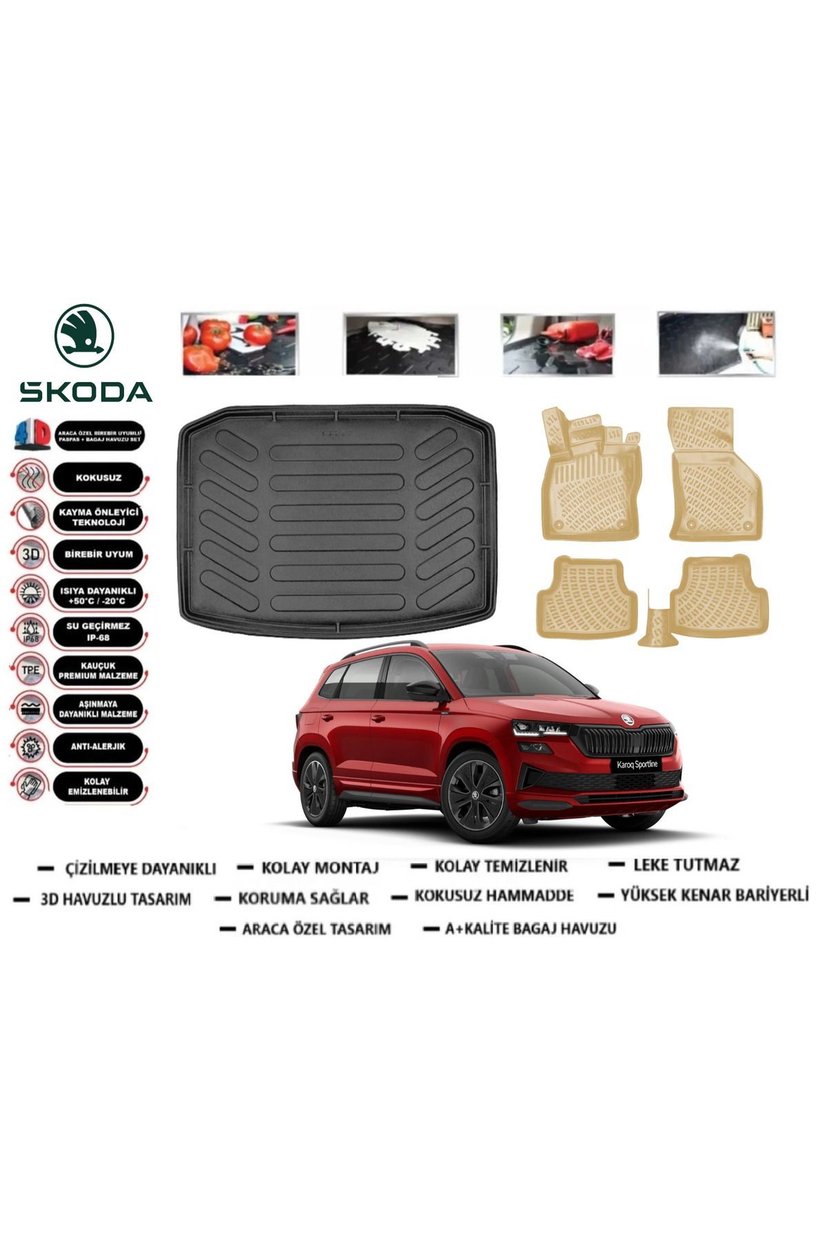 Skoda Karoq 2024 Model Bagaj Havuzu(paspası)+Araca Özel Bej Paspas Takımı Flex