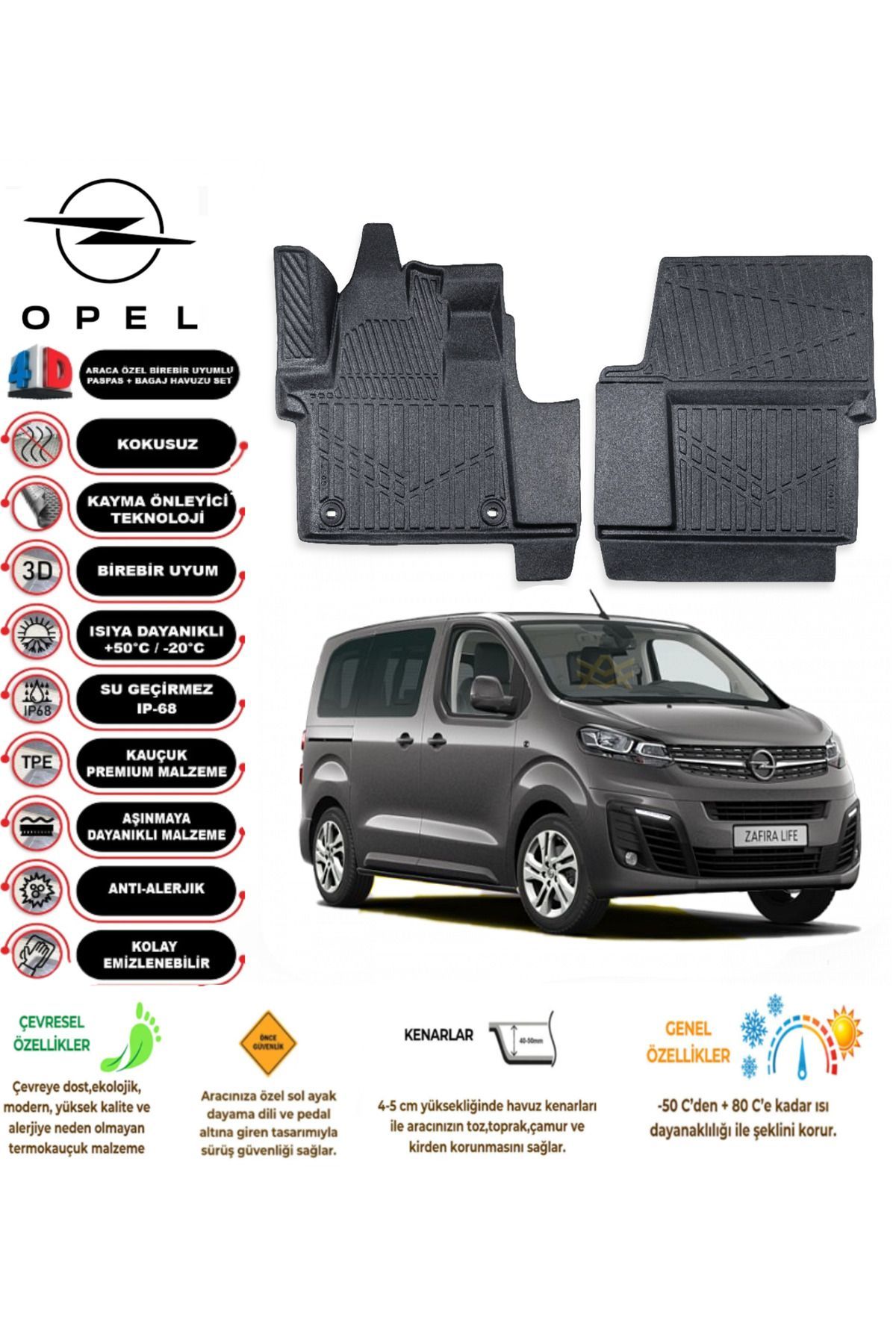 Opel Zafira Life 2024 Model 4D Araca Özel Havuzlu Kokusuz Paspas Takımı