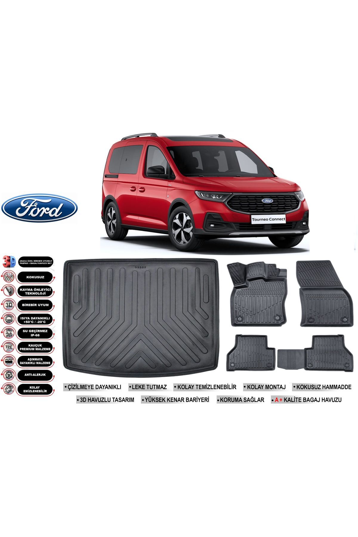 Ford Connect 2025 Model Bagaj Havuzu Araca Özel Siyah Havuzlu Paspas Takımı Sett