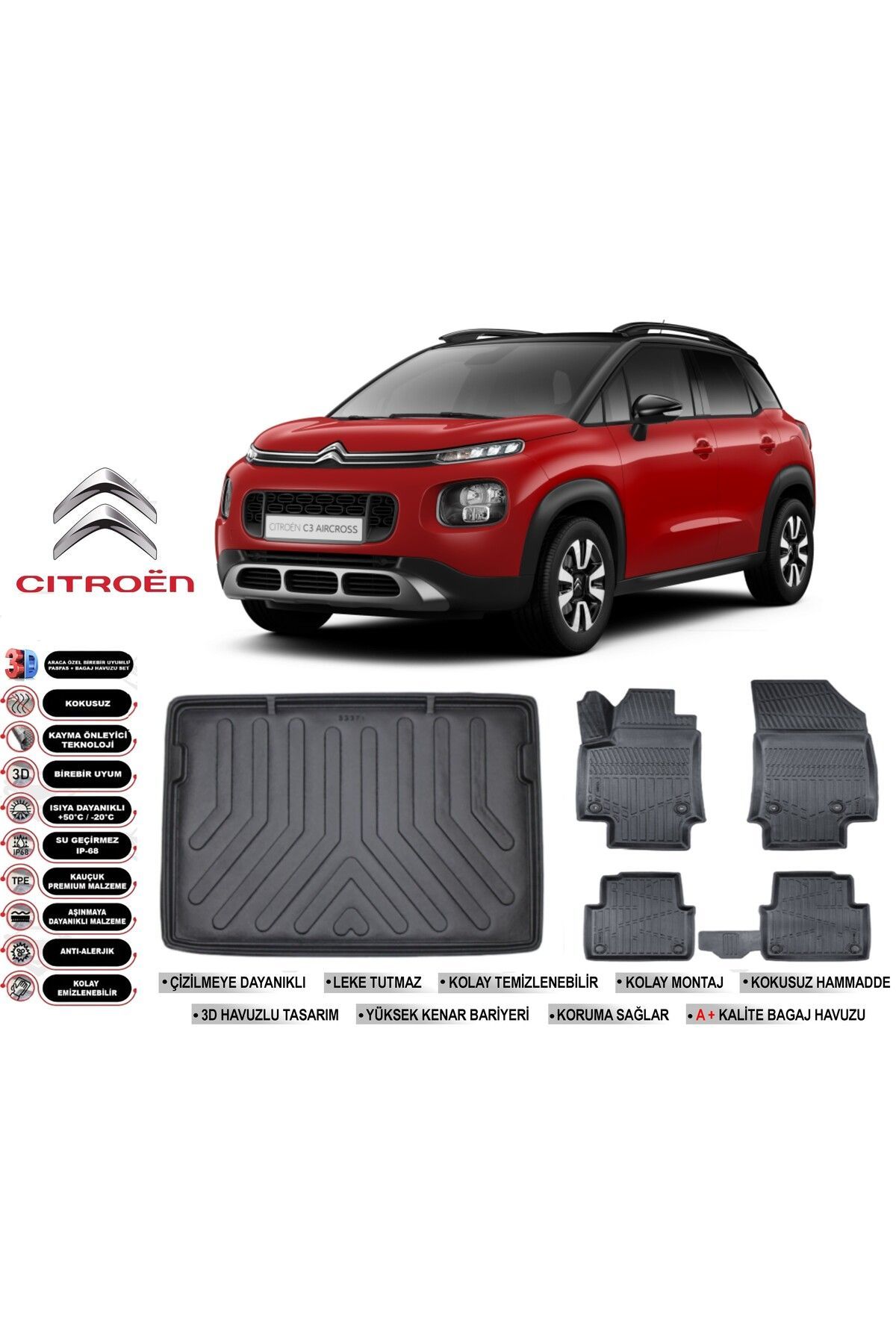 Citroen C3 Aircross 2021 Model Üst Kademe Bagaj Havuzu Araca Özel Siyah Havuzlu Paspas Takımı Sett
