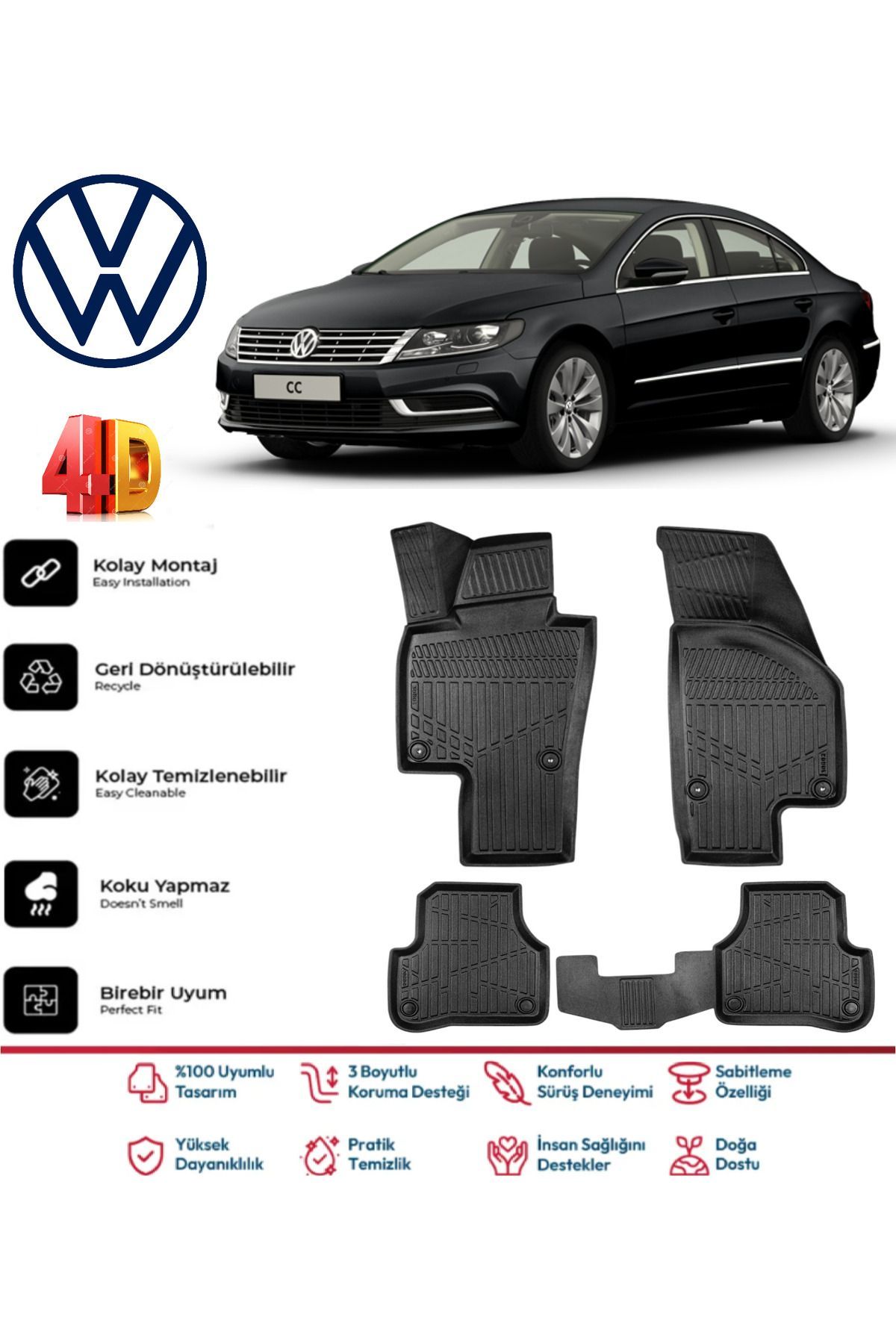 Volkswagen Passat Cc 2011-2017 4.5D Plus Havuzlu Siyah Paspas Takımı Yumuşak