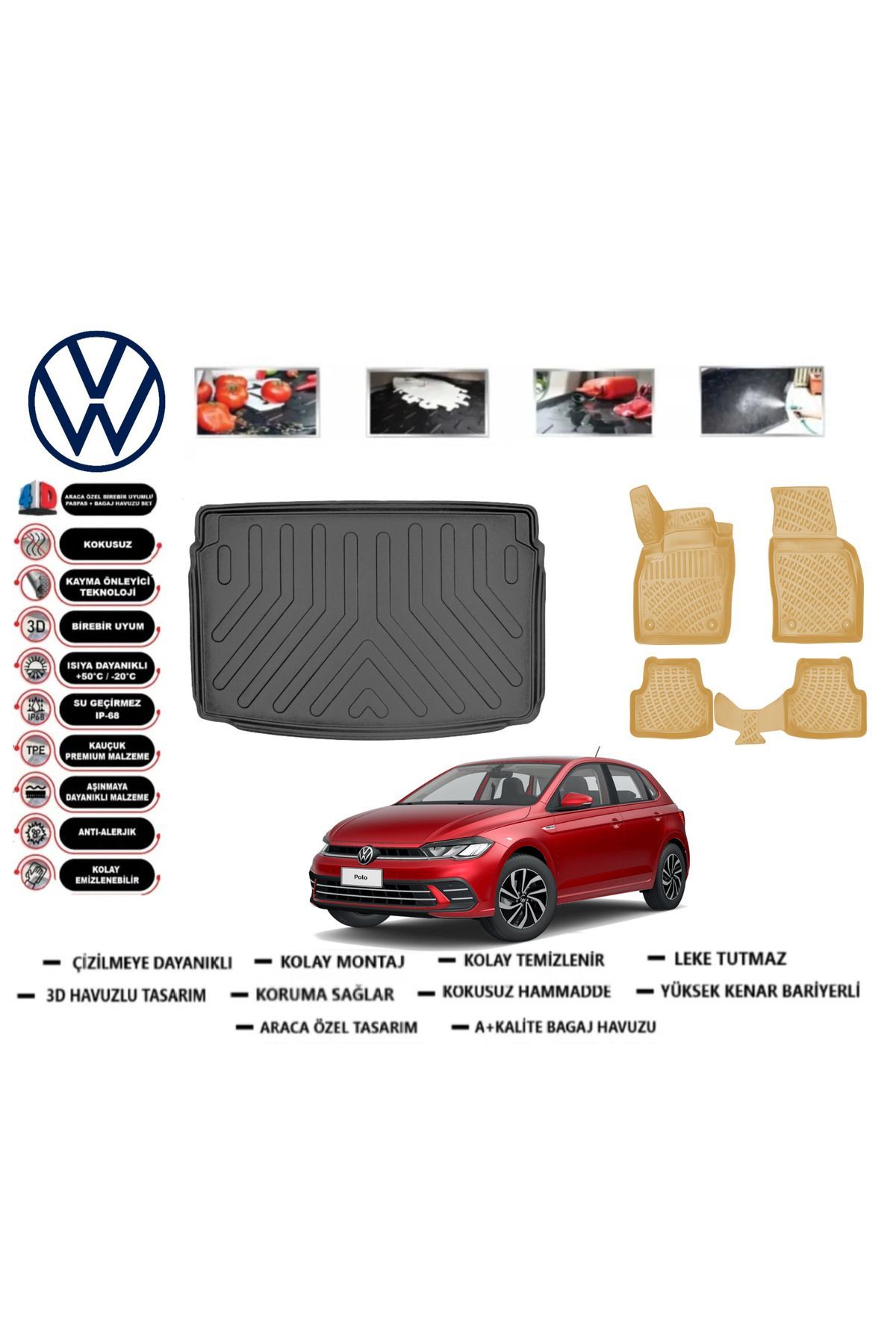 Volkswagen Polo Style/ Life Paket 2025 Üst Bagaj Havuzu(paspası)+Araca Özel Bej Paspas Takımı Flex