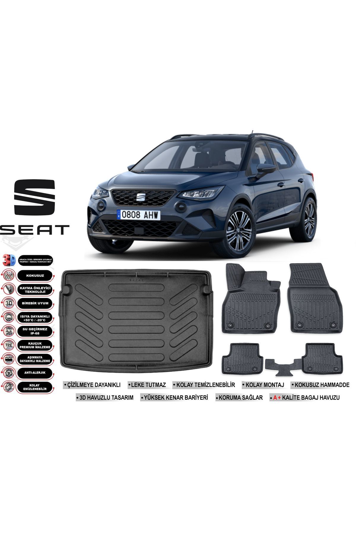 Seat Arona 2022 Model Üst Bagaj Havuzu Araca Özel Siyah Havuzlu Paspas Takımı Sett