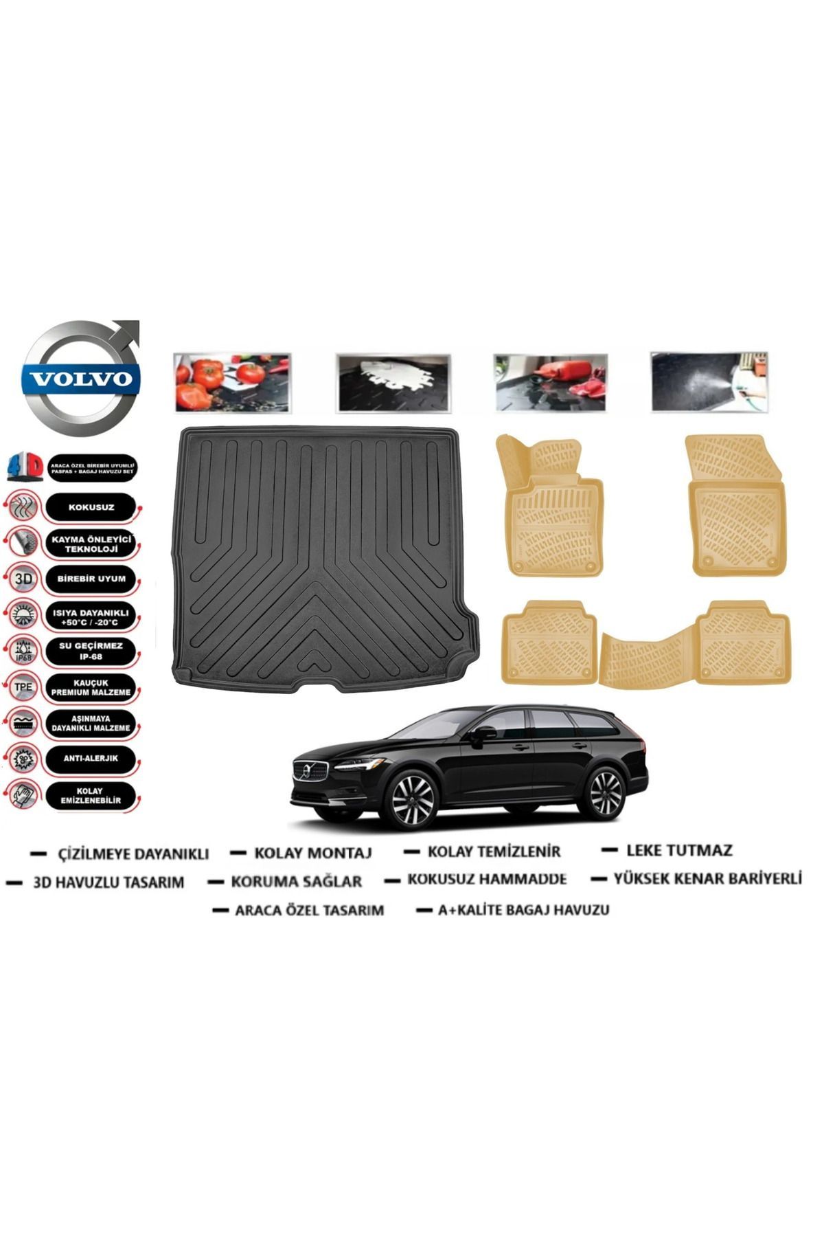 Volvo V90 2021 Model Bagaj Havuzu(paspası)+Araca Özel Bej Paspas Takımı Flex