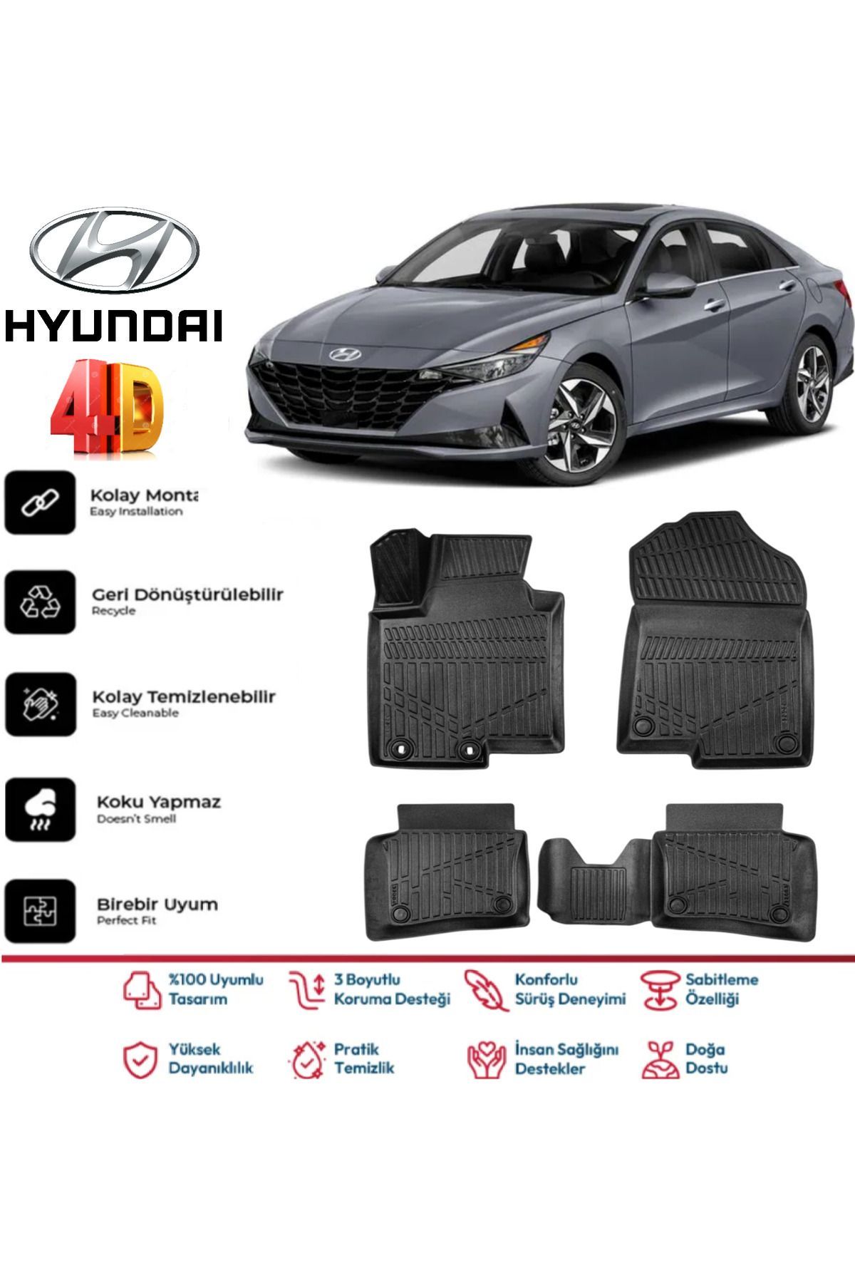 Hyundai Elantra 2021 Ve Sonrası 4.5D Plus Havuzlu Siyah Paspas Takımı Yumuşak