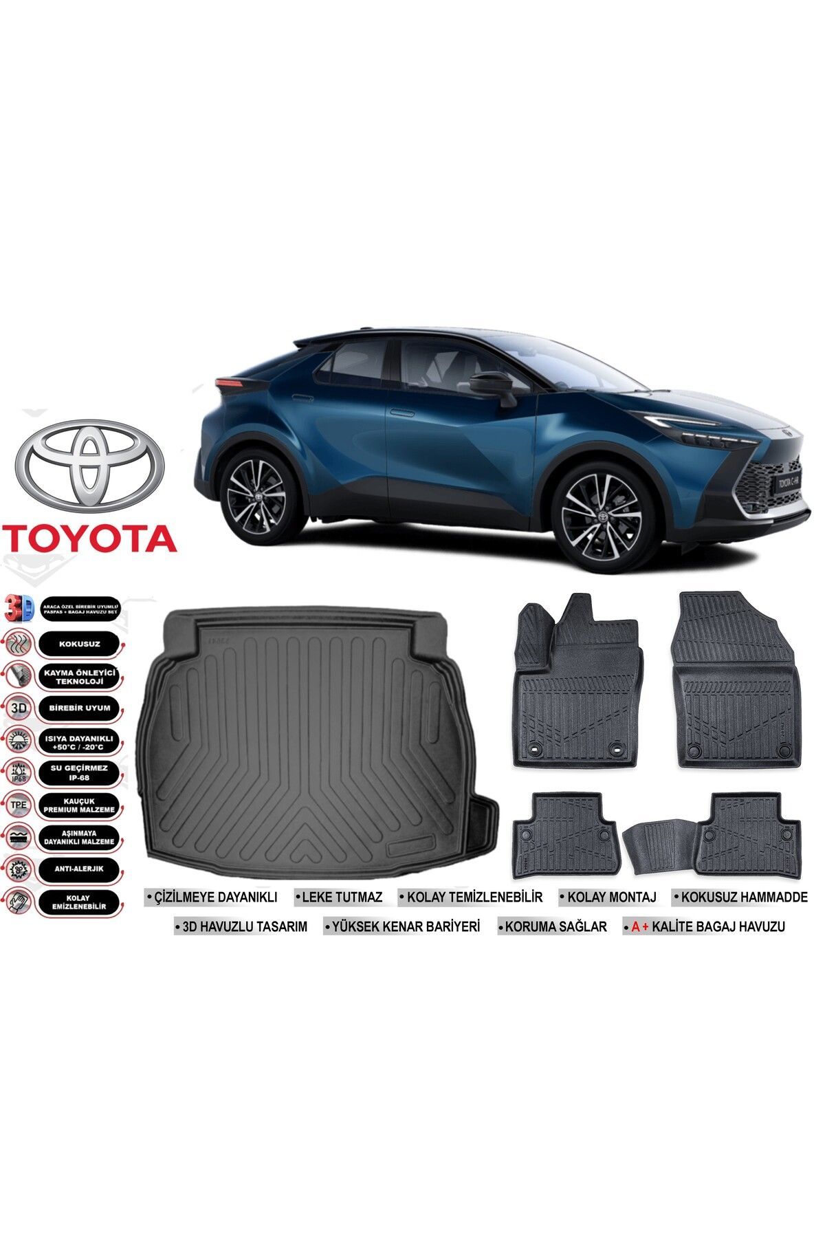 Toyota C-HR 2025 Model Ses Sistemli Bagaj Havuzu Araca Özel Siyah Extra Havuzlu Paspas Takımı