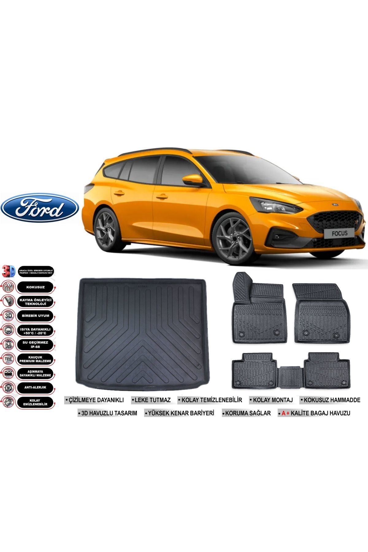 Ford Focus 5 STW 2020 Model Üst Bagaj Havuzu Araca Özel Siyah Extra Havuzlu Paspas Takımı