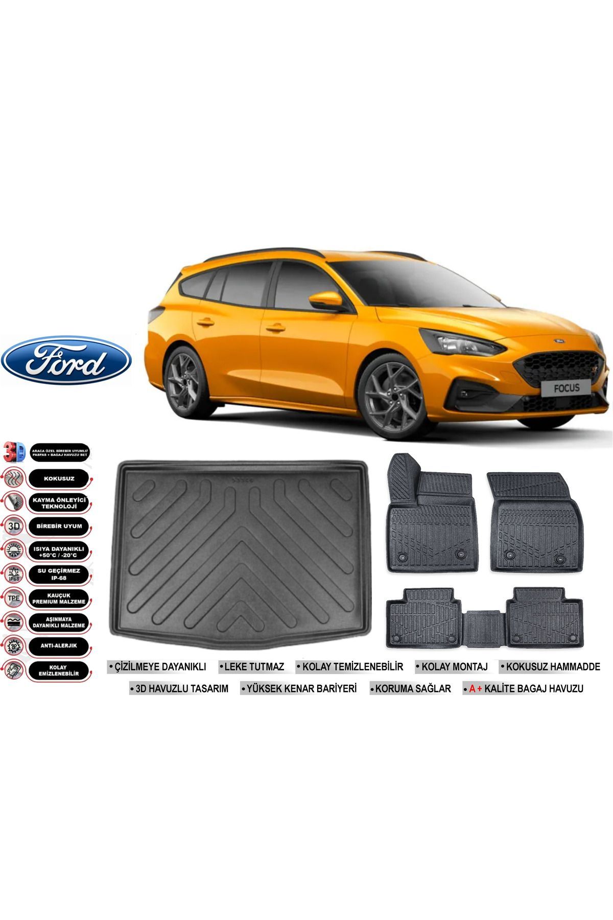 Ford Focus 5 STW 2019 Model Alt Bagaj Havuzu Araca Özel Siyah Kokusuz Havuzlu Paspas Takımı