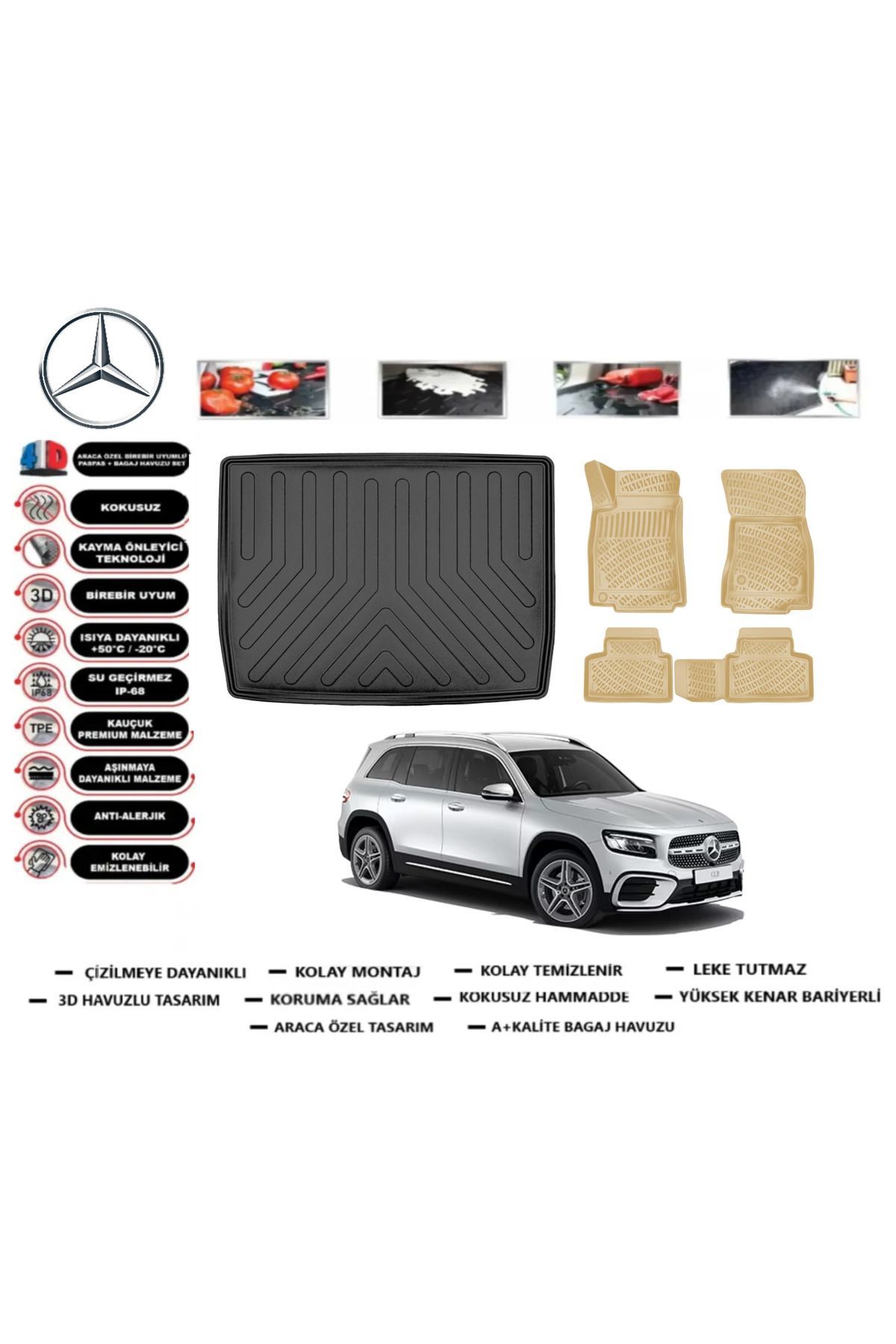 Mercedes GLB 2023 Model Alt Bagaj Havuzu(paspası)+Araca Özel Bej Paspas Takımı Flex