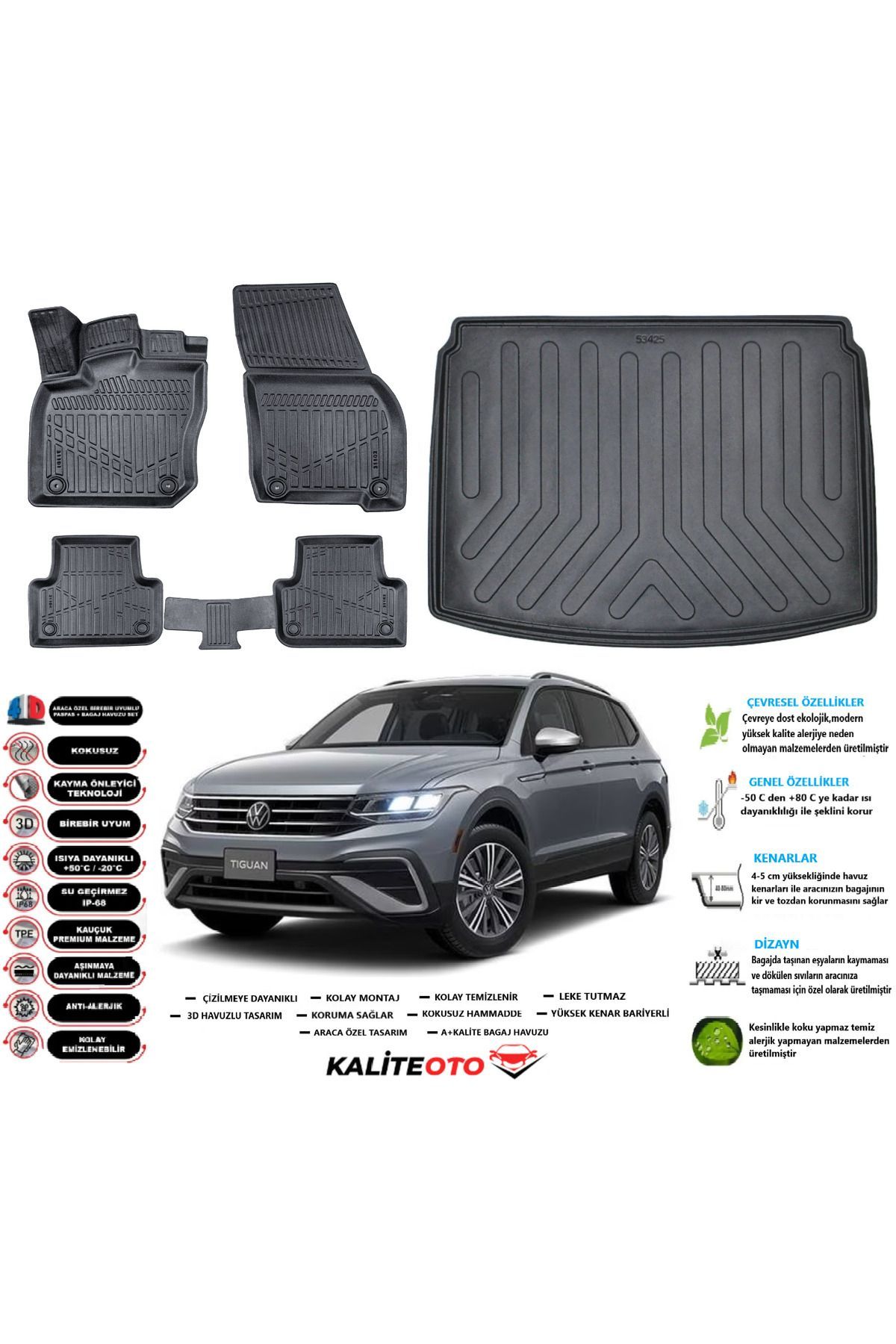 Volkswagen Tiguan 2020 Model Alt Esnek Bagaj Havuzu Araca Özel Siyah Paspas Takımı