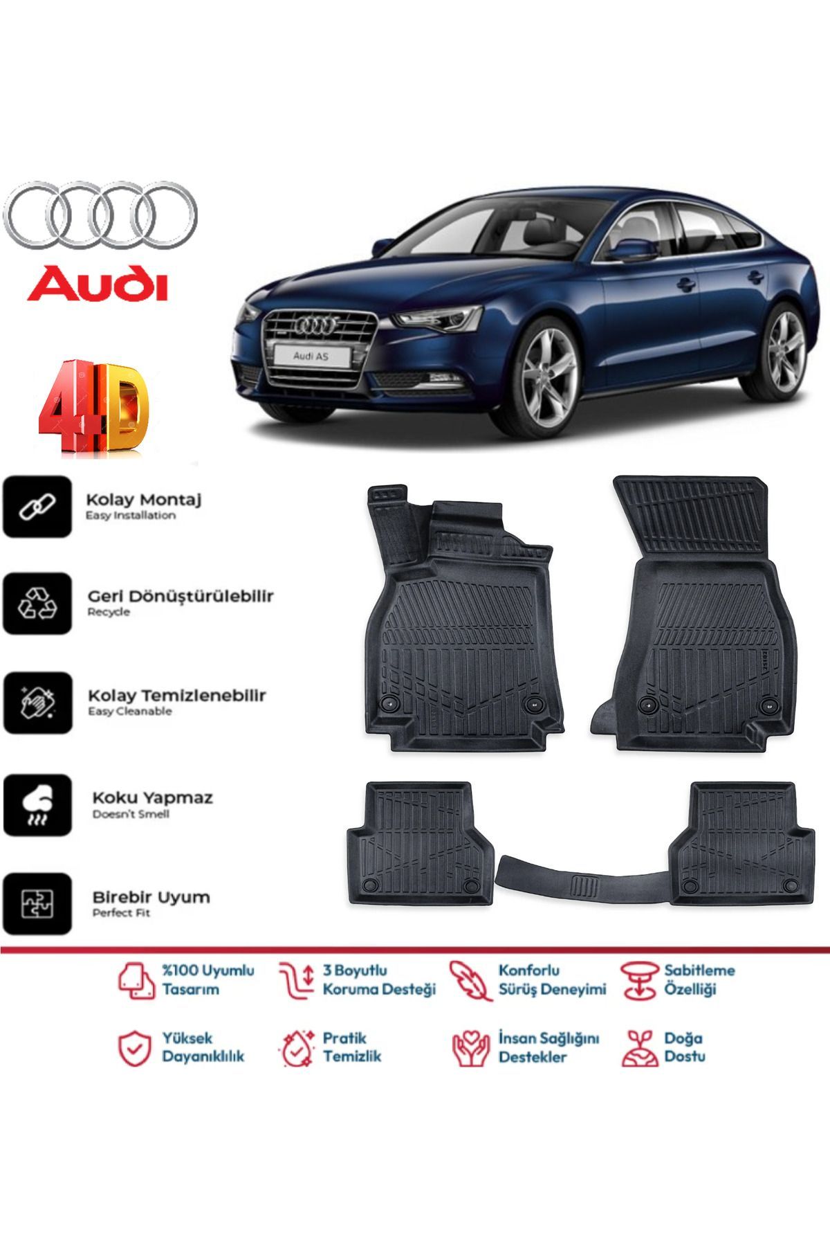 Audi A5 2015 Sonrası 4.5D Plus Havuzlu Siyah Paspas Takımı Yumuşak