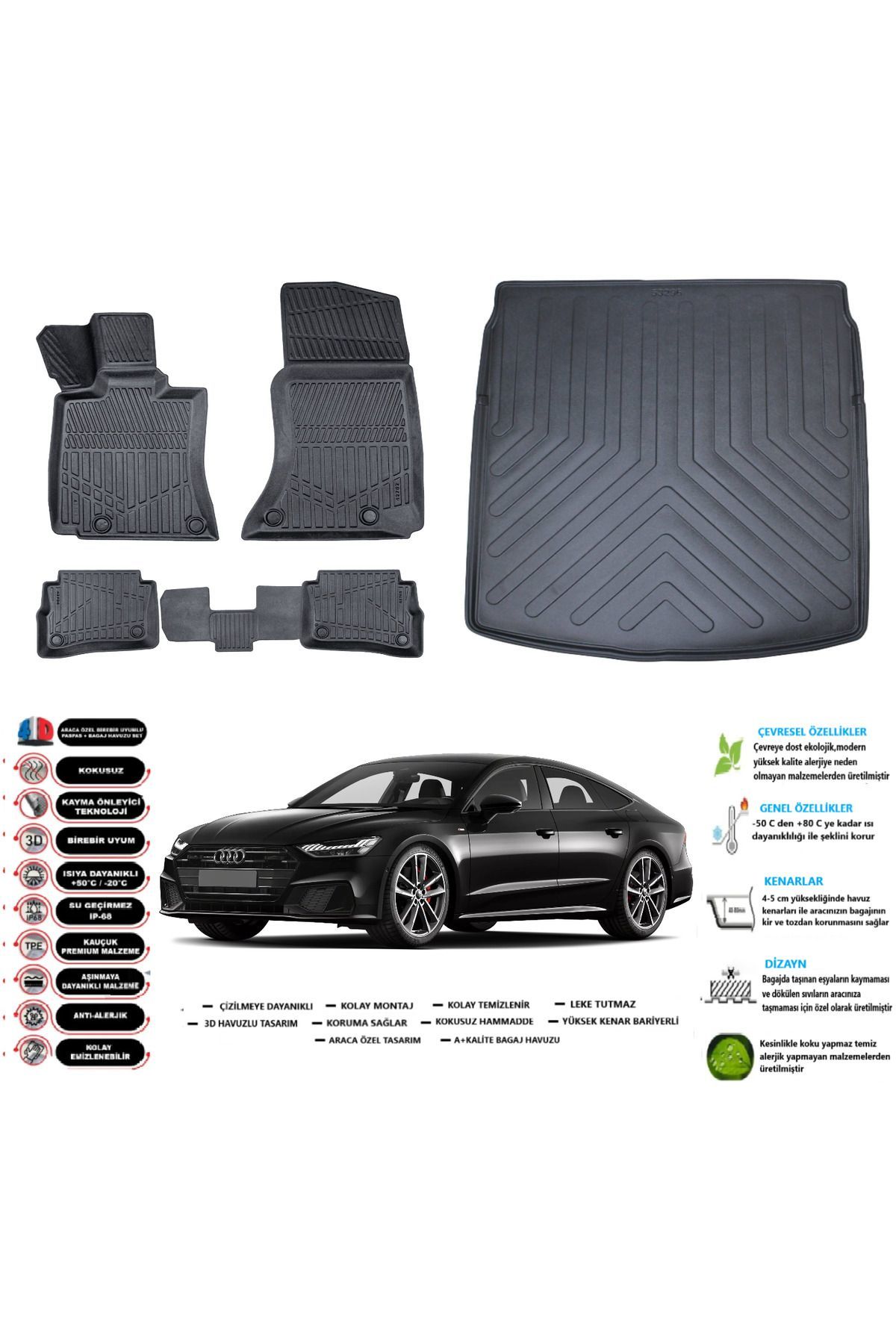 Audi A7 2025 Model Esnek Bagaj Havuzu Araca Özel Siyah Paspas Takımı