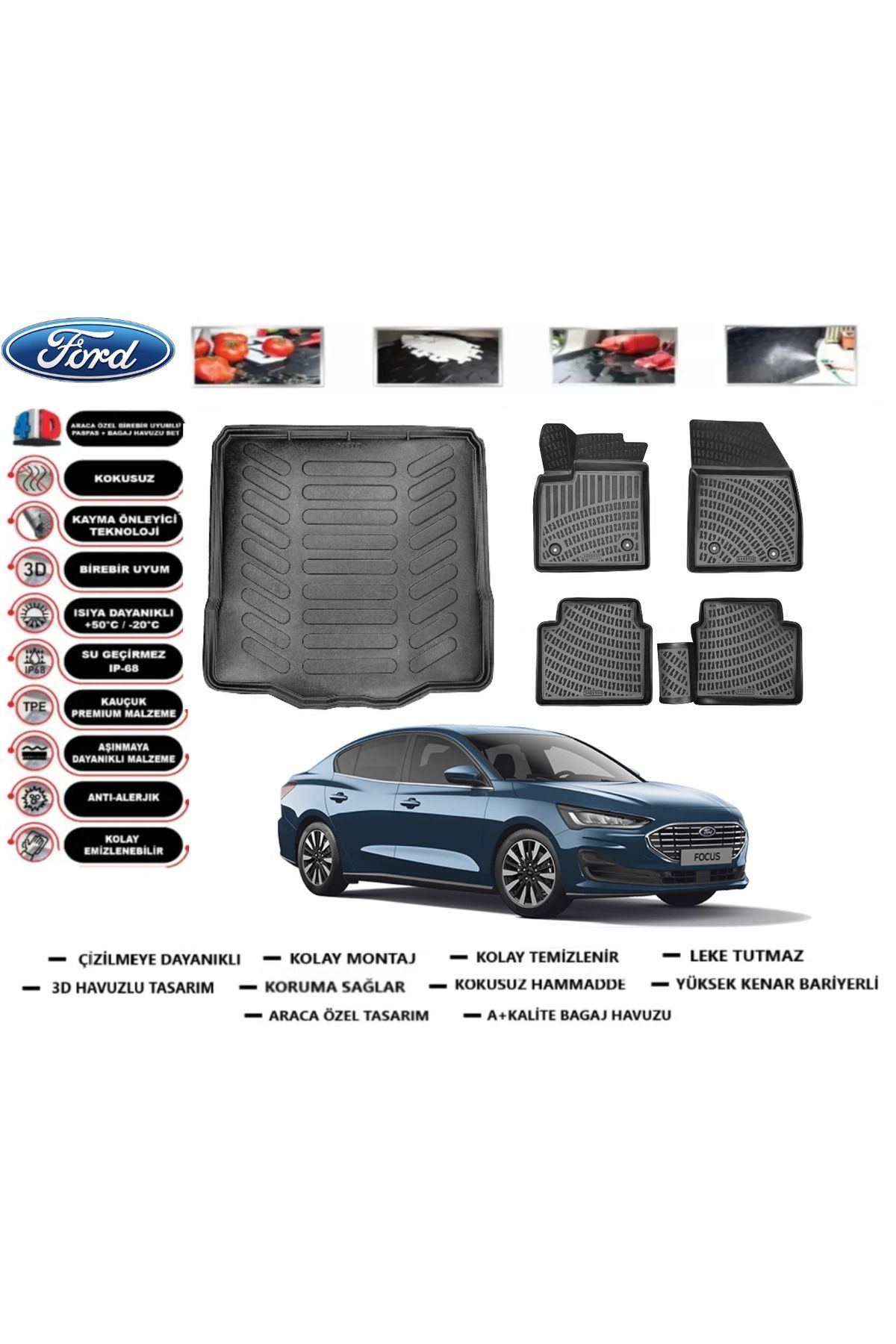 Ford Focus 4 Sedan 2025 Model Tamir Kitli Bagaj Havuzu Araca Özel Paspas Takımı Prrox