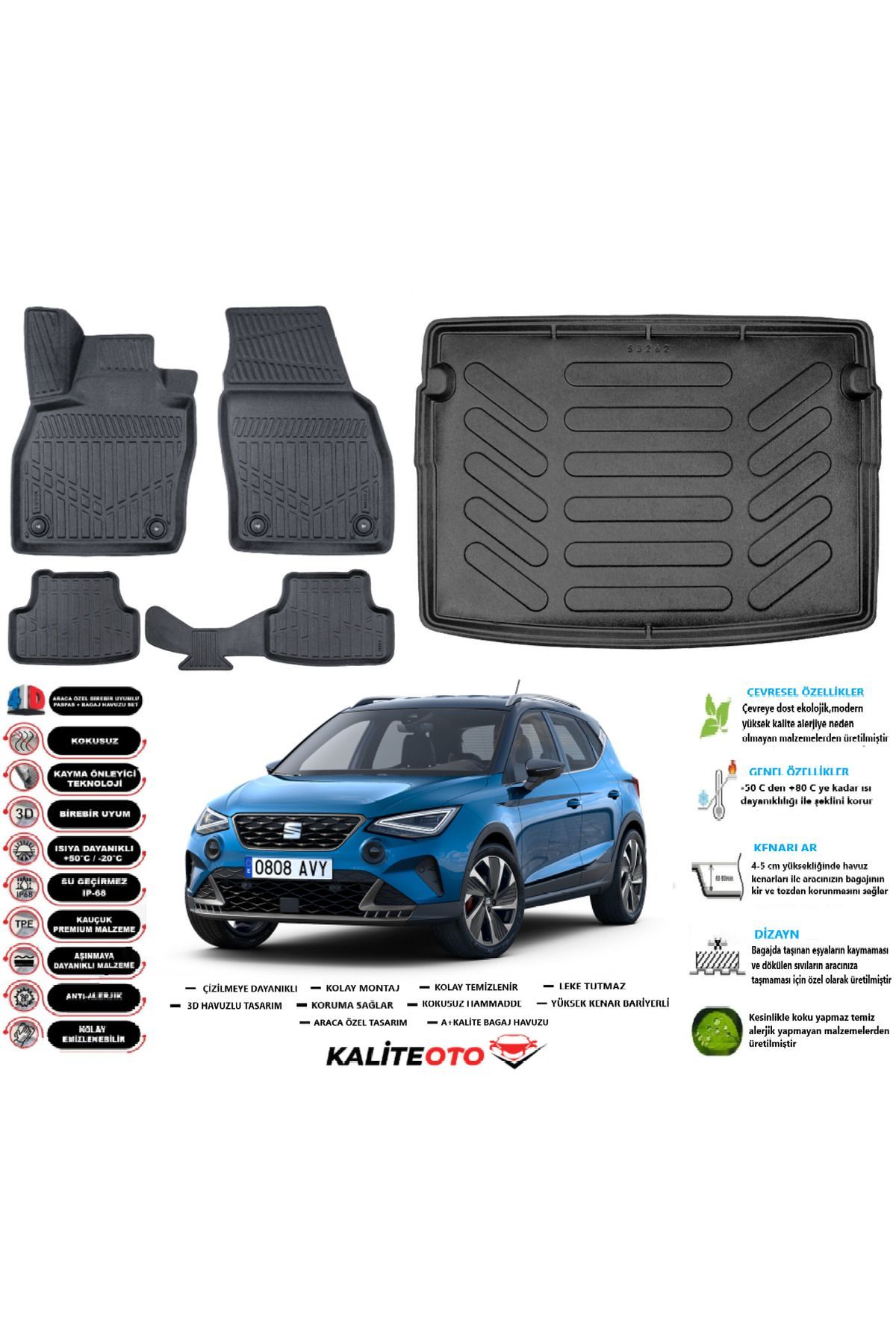 Seat Arona 2022 Model Üst Esnek Bagaj Havuzu Araca Özel Siyah Paspas Seti