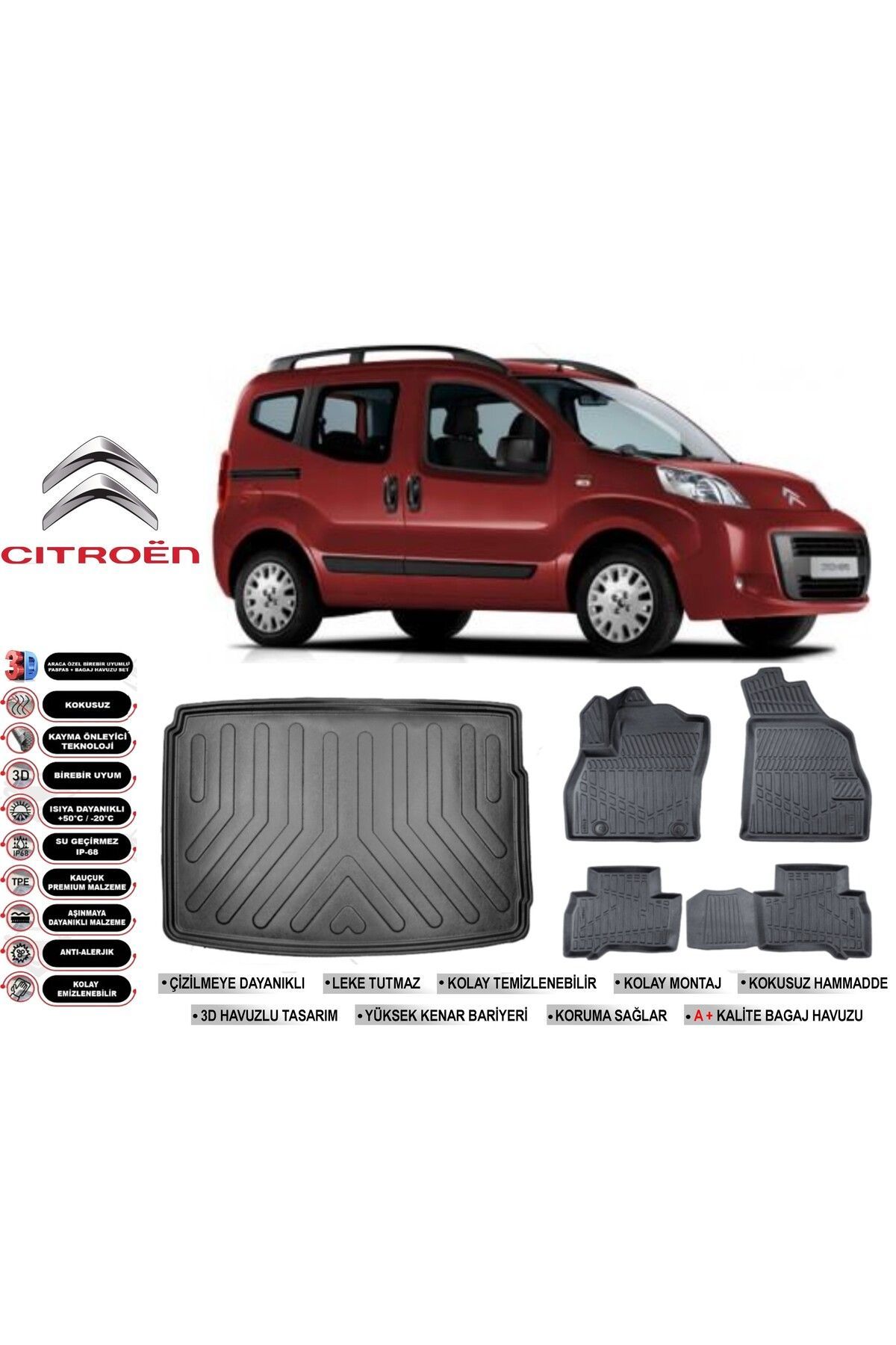 Citroen Nemo 2025 Model Bagaj Havuzu Araca Özel Siyah Havuzlu Paspas Takımı Sett