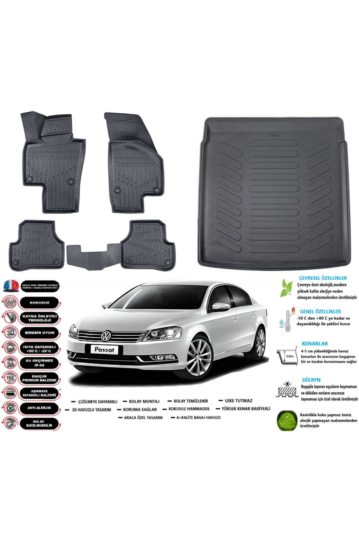 Volkswagen Passat B7 2012 Model Esnek Bagaj Havuzu Araca Özel Siyah Paspas Seti