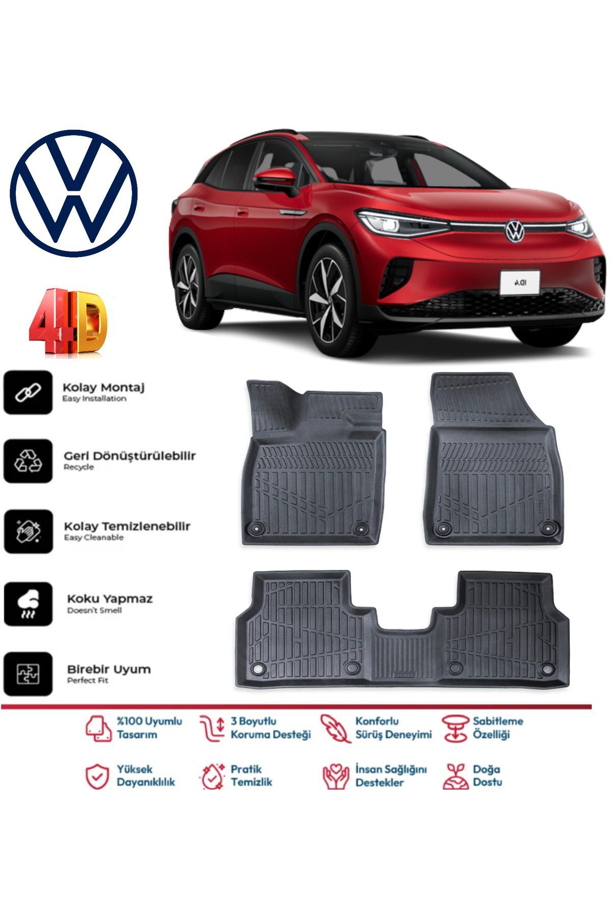 Volkswagen ID4 2024 Ve Sonrası 4.5D Plus Havuzlu Siyah Paspas Takımı Yumuşak