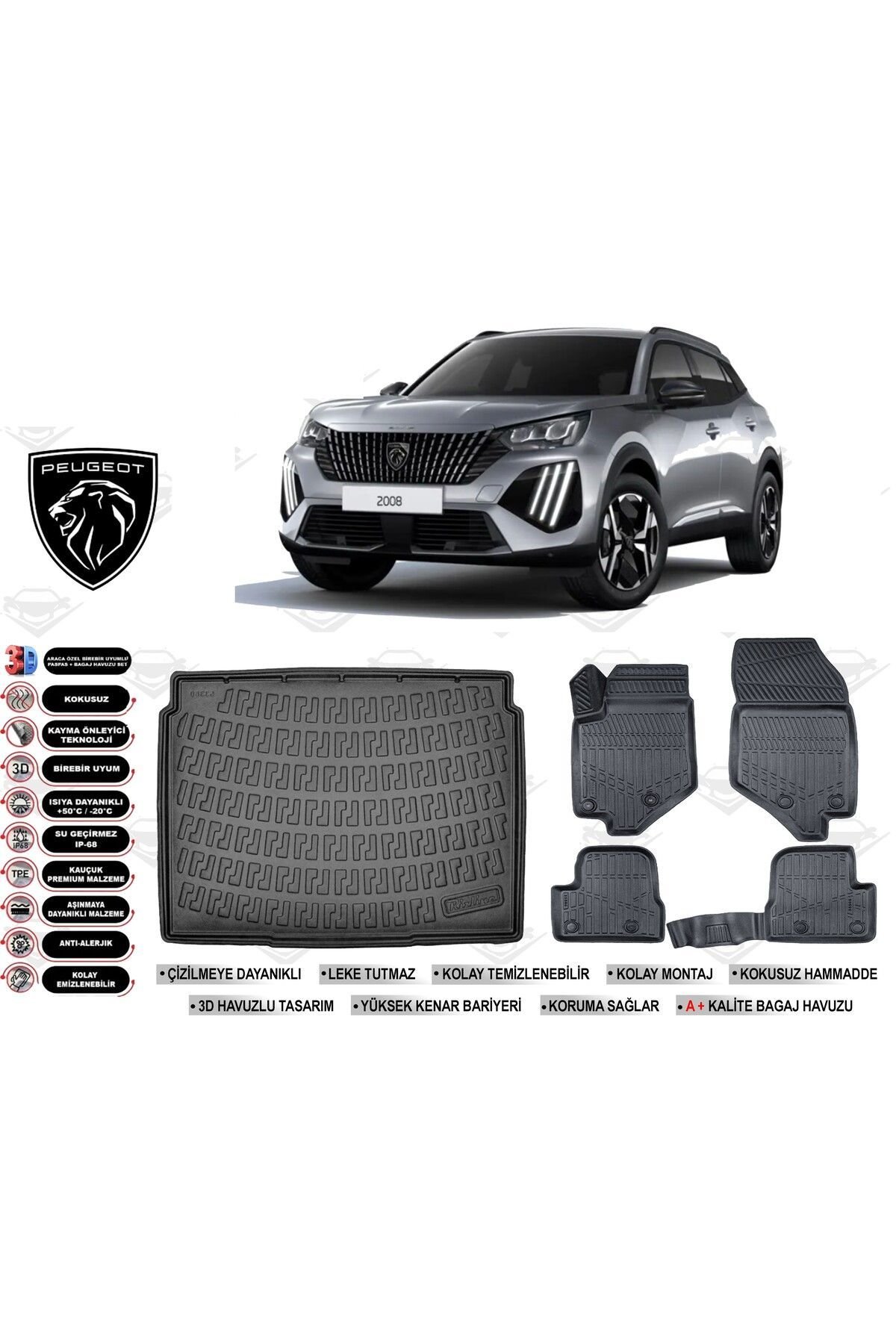 Peugeot 2008 2019 Model Alt Bagaj Havuzu Araca Özel Siyah Havuzlu Paspas Takımı Sett