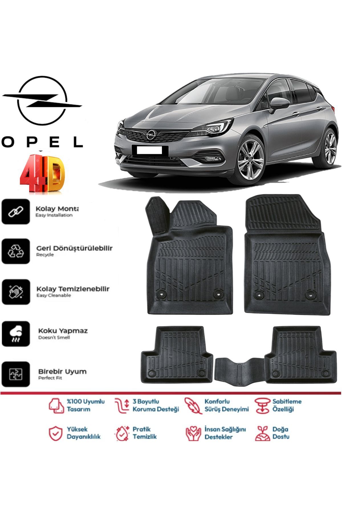 Opel Astra J Hatchback 2009 Ve Sonrası 4.5D Plus Havuzlu Siyah Paspas Takımı Yumuşak