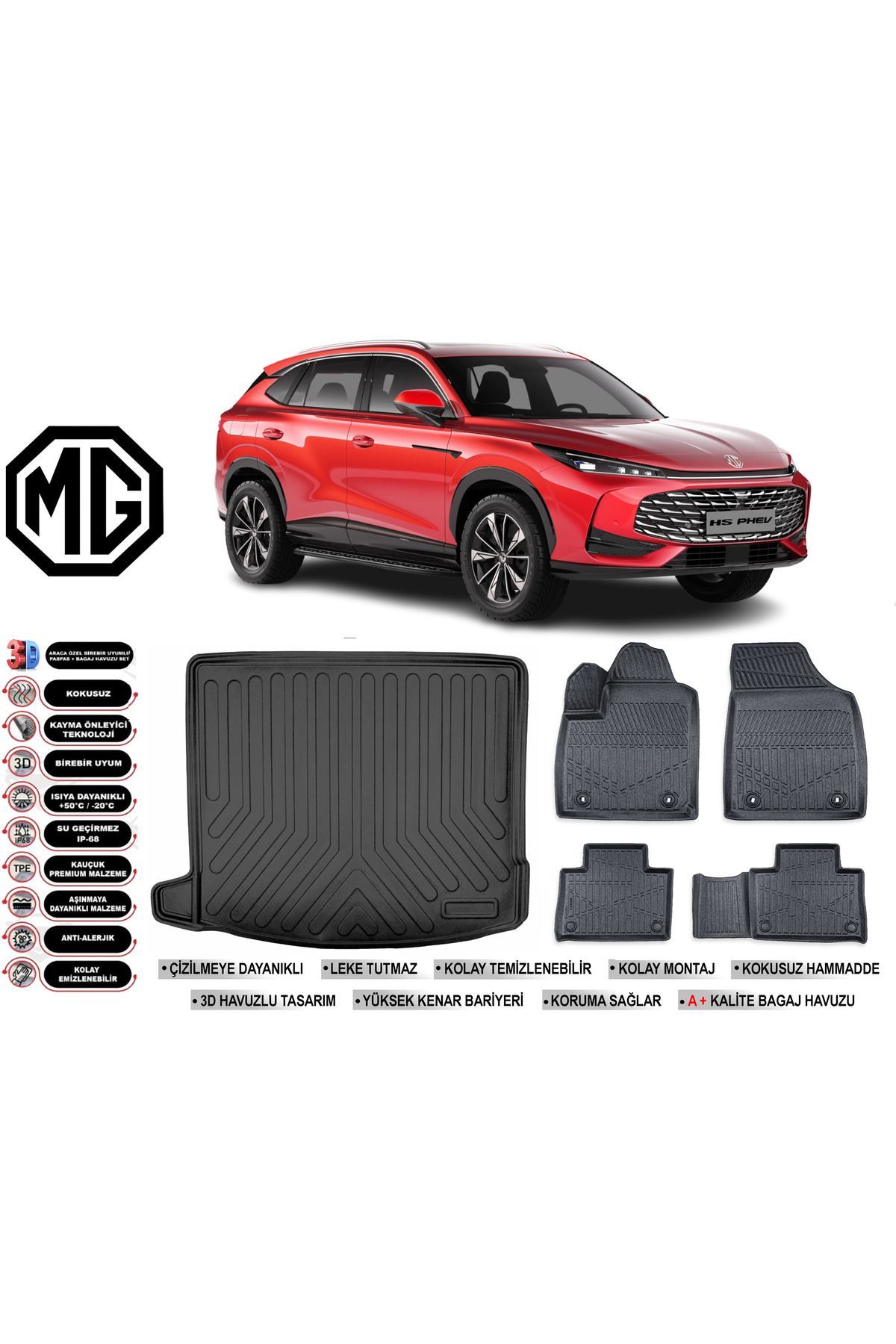 MG HS Hybrid PHEV 2024 Model Bagaj Havuzu Araca Özel Siyah Havuzlu Paspas Takımı Sett