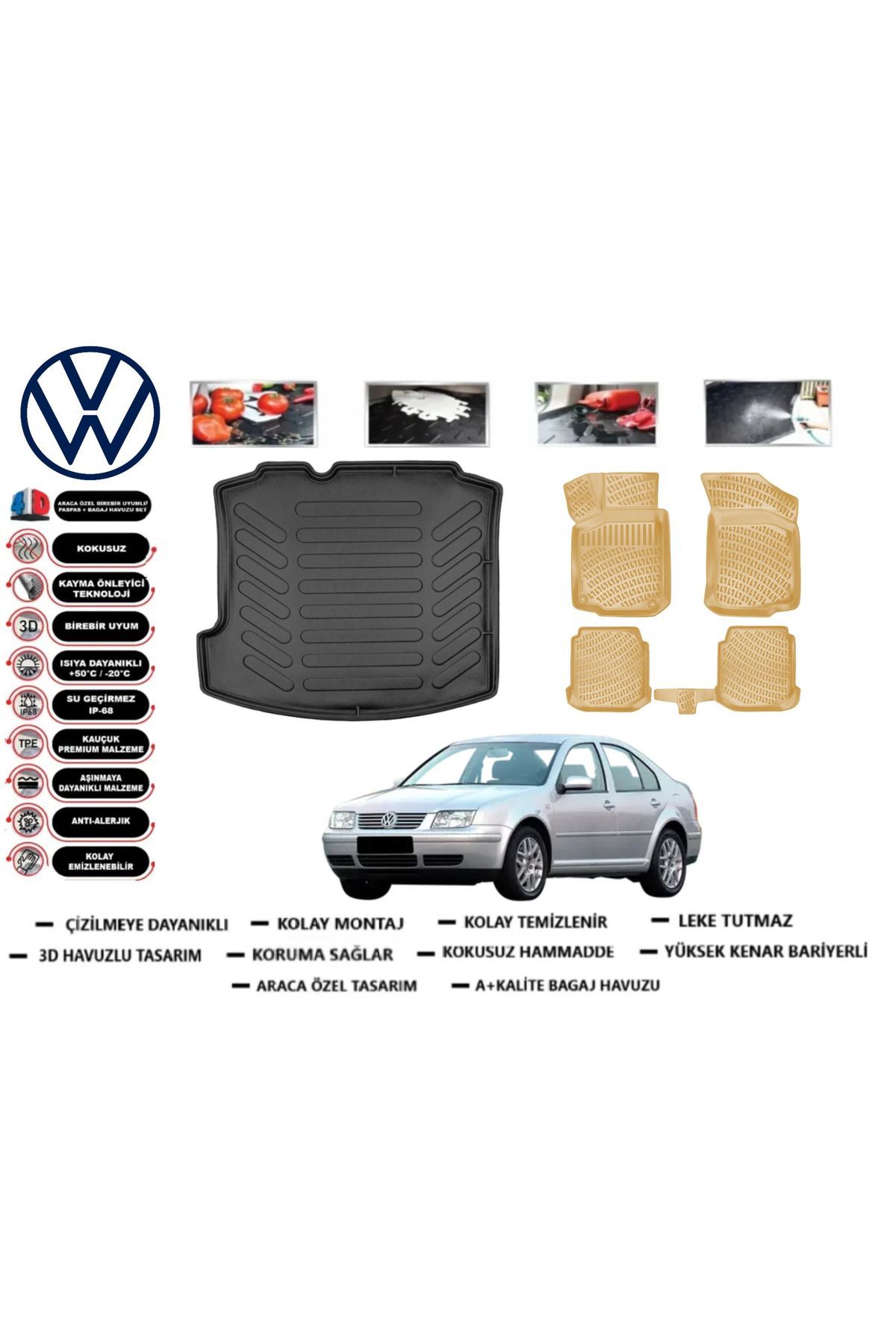 Volkswagen Bora 2001 Model Bagaj Havuzu(paspası)+Araca Özel Bej Paspas Takımı Flex