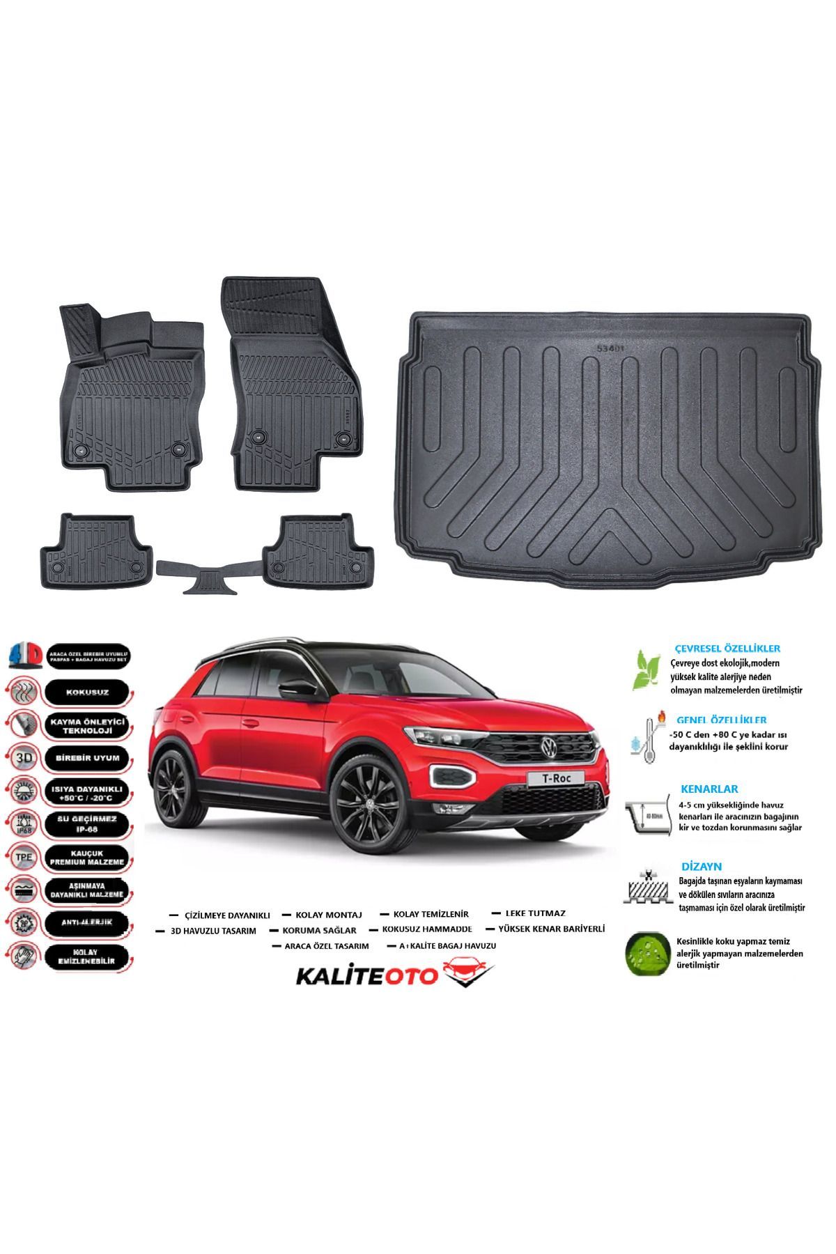 Volkswagen T-Roc 2018 Model Alt Esnek Bagaj Havuzu Araca Özel Siyah Paspas Seti