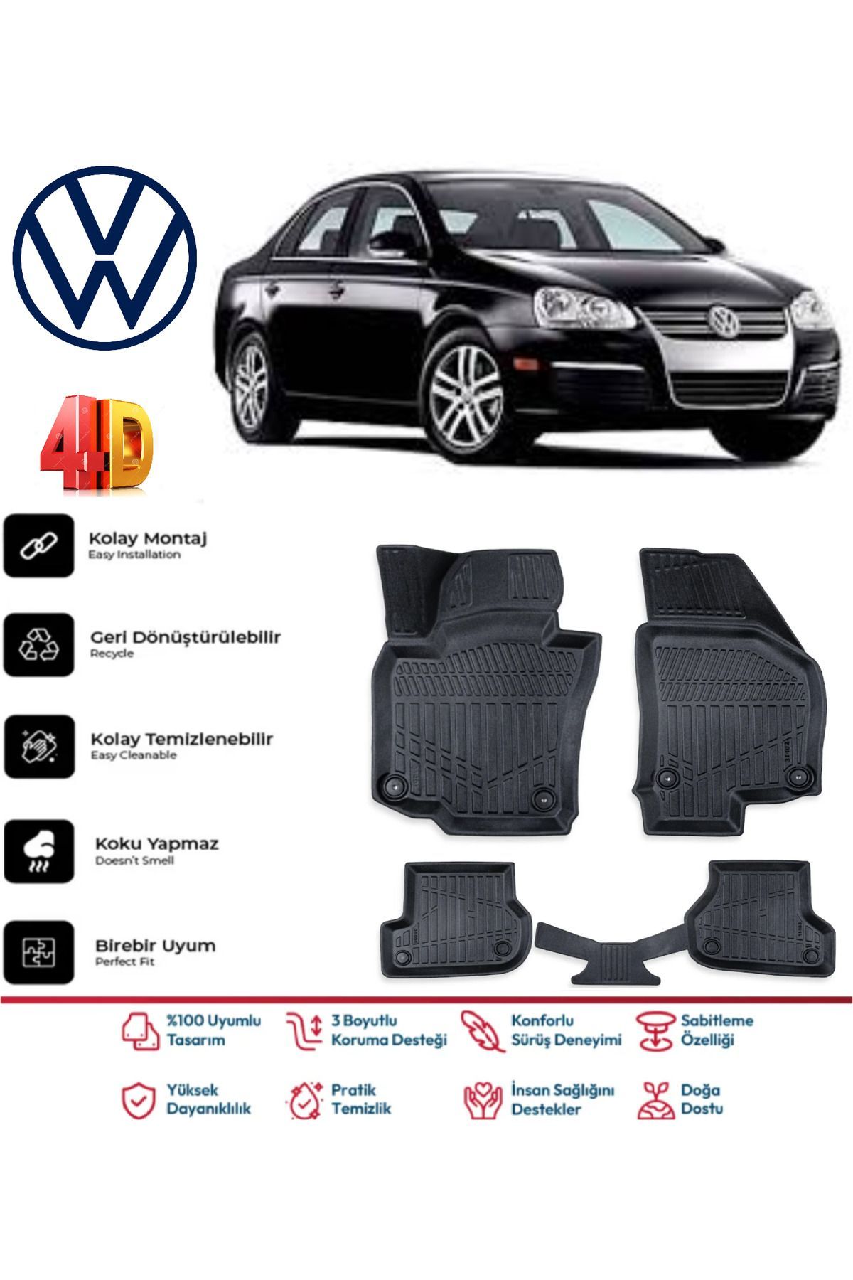 Volkswagen Jetta 2005-2010 4.5D Plus Havuzlu Siyah Paspas Takımı Yumuşak