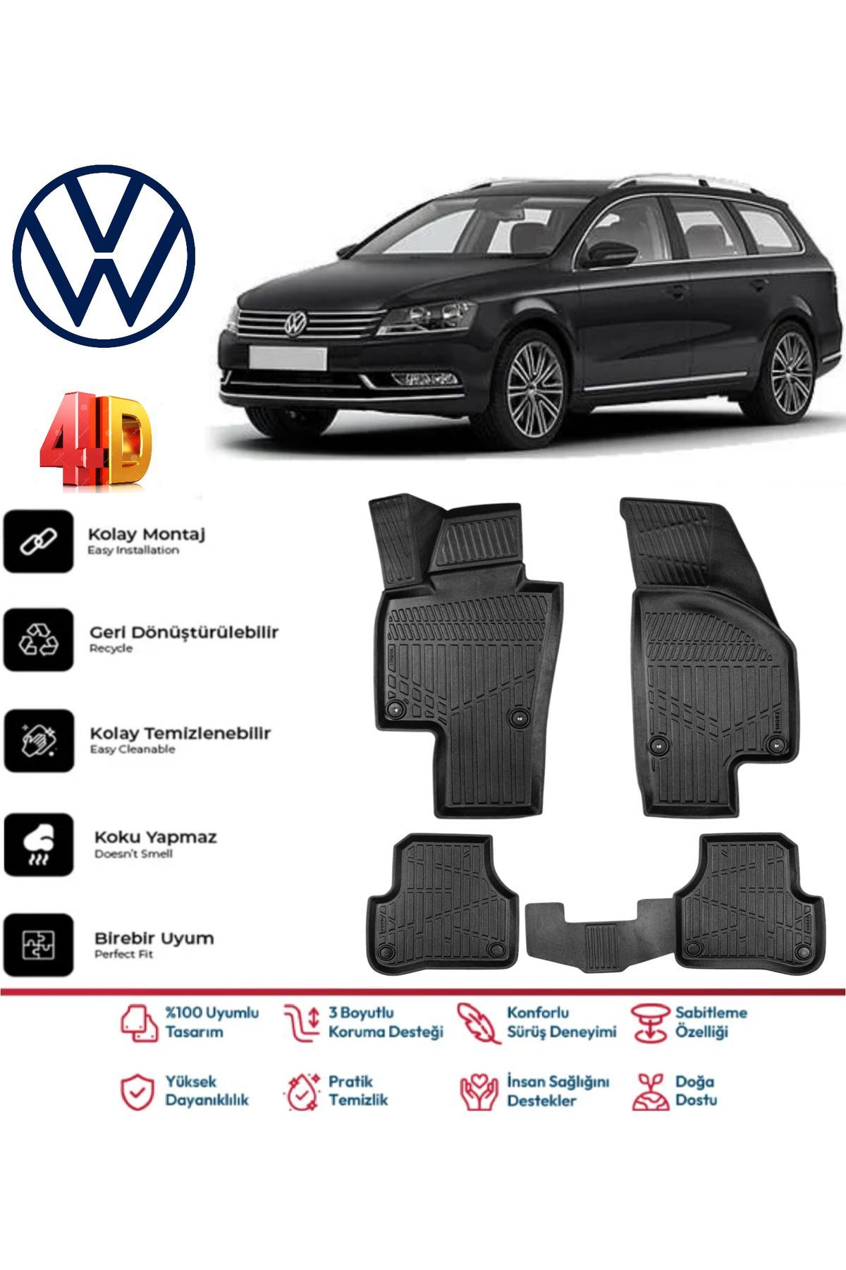 Volkswagen Passat B7 Variant 2011-2014 4.5D Plus Havuzlu Siyah Paspas Takımı Yumuşak