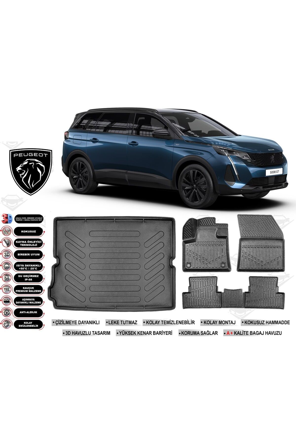 Peugeot 5008 2022 Model Bagaj Havuzu Araca Özel Siyah Havuzlu Paspas Takımı Sett