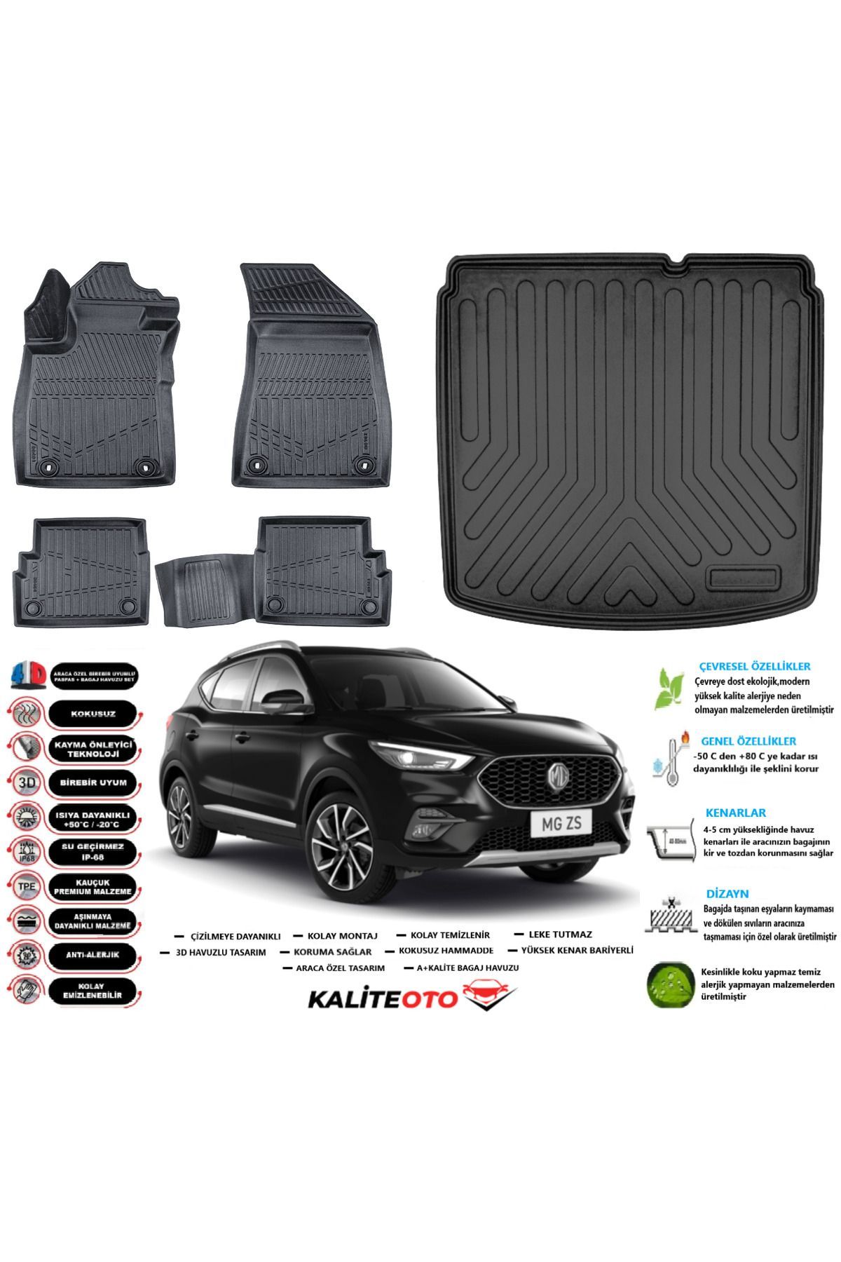 MG ZS 2021 Model Alt Esnek Bagaj Havuzu Araca Özel Siyah Paspas Seti