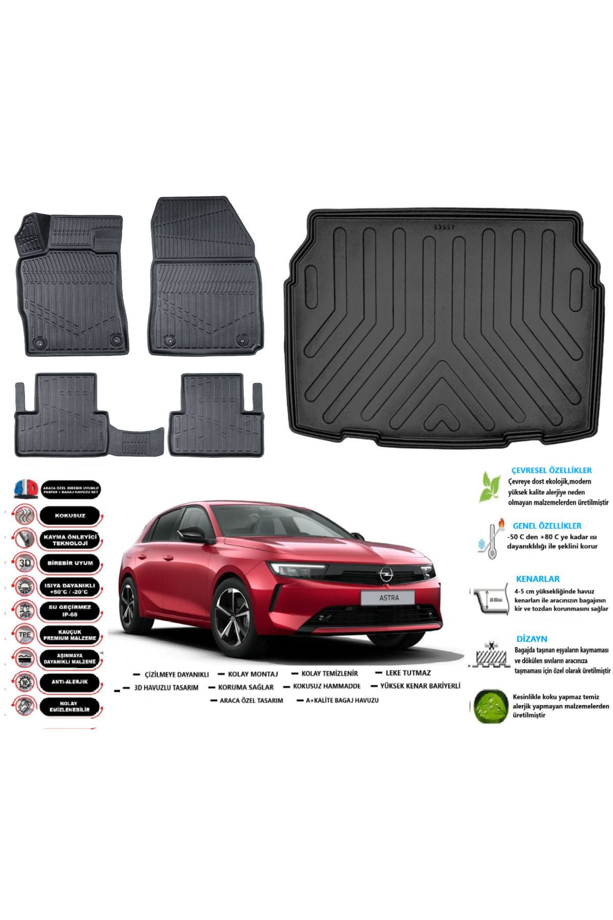 Opel Astra L 2023 Model Alt Esnek Bagaj Havuzu Araca Özel Siyah Paspas Seti