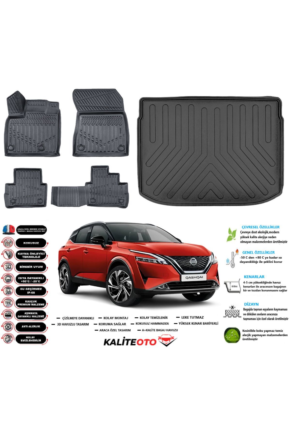 Nissan Qashqai 2024 Model Üst Esnek Bagaj Havuzu Araca Özel Siyah Paspas Takımı