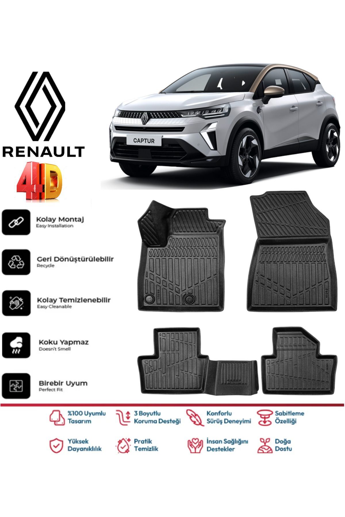 Renault Captur 2024 Ve Sonrası 4.5D Plus Havuzlu Siyah Paspas Takımı Yumuşak